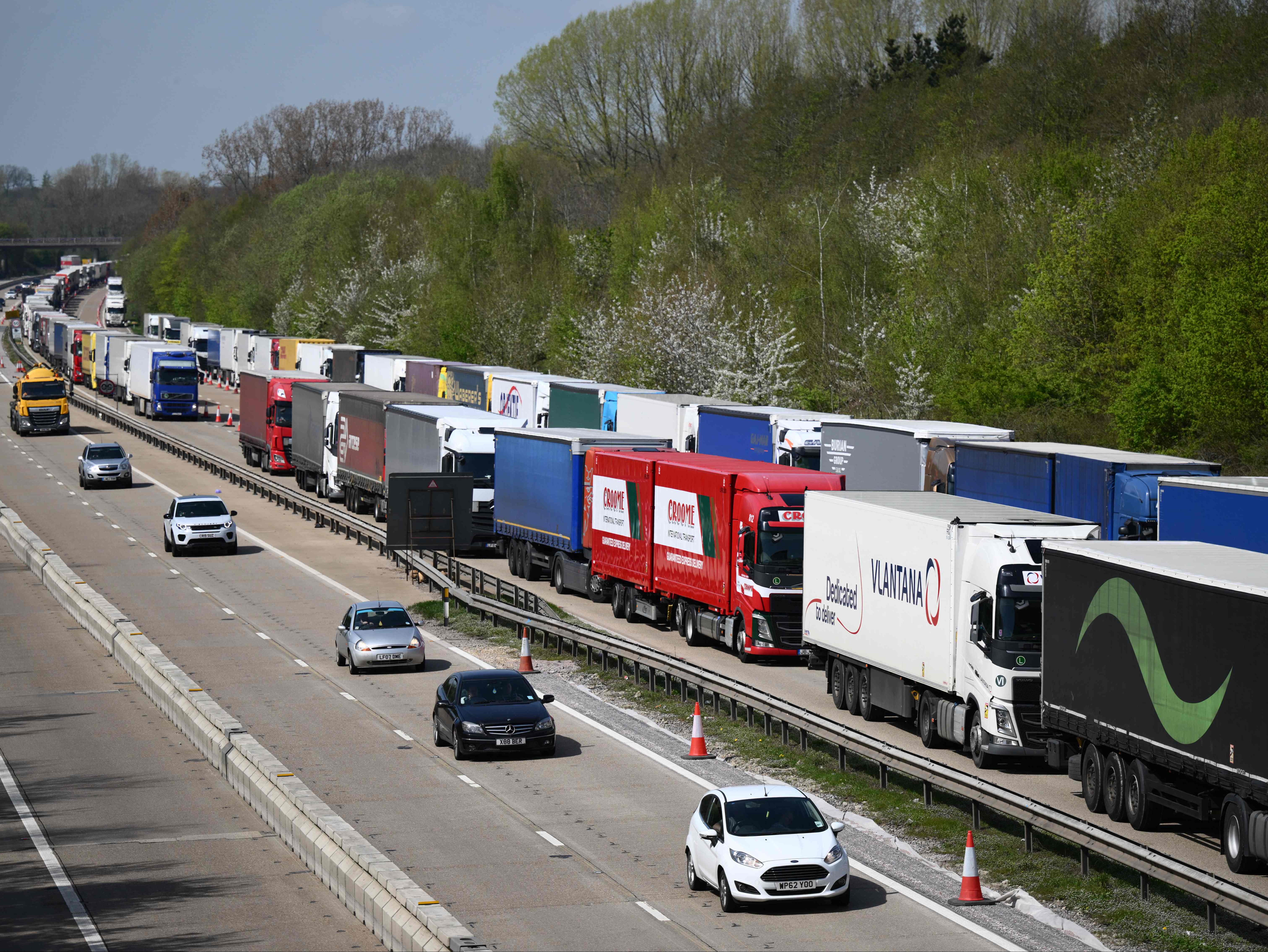 Freight lorries and HGVs queued on the M20 towards Dover