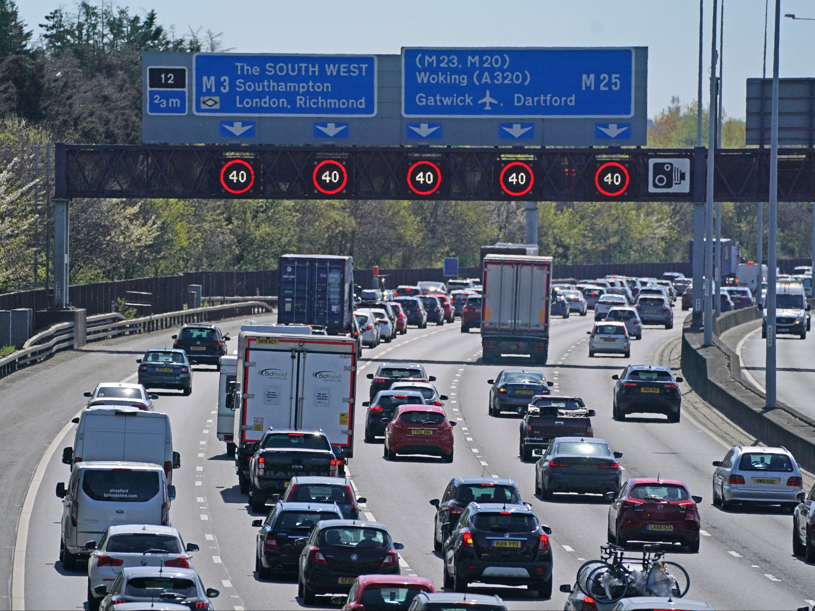 Slow moving traffic on the M3 near Egham, Surrey, during the Easter getaway