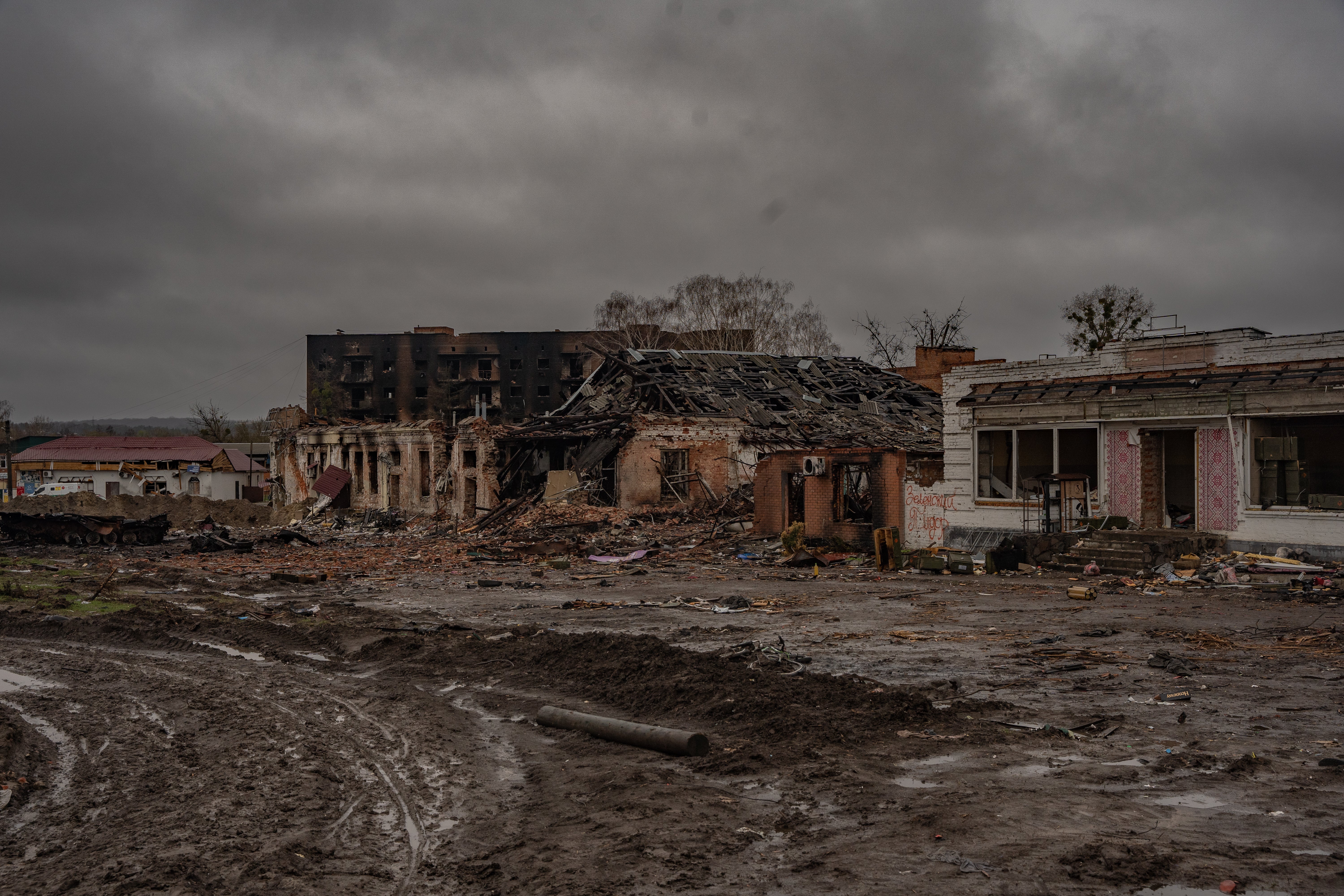 The remains of the outside of the Trostyanets railway station which was the site of a major battle between Ukrainian and Russian forces