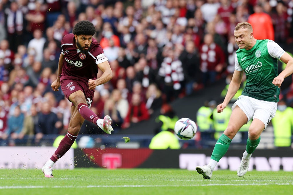 Ellis Simms fired Hearts ahead from long range