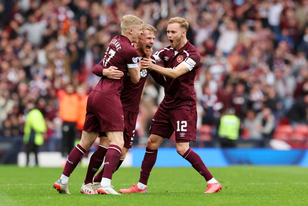 Stephen Kingsley celebrates scoring Hearts’ second at Hampden