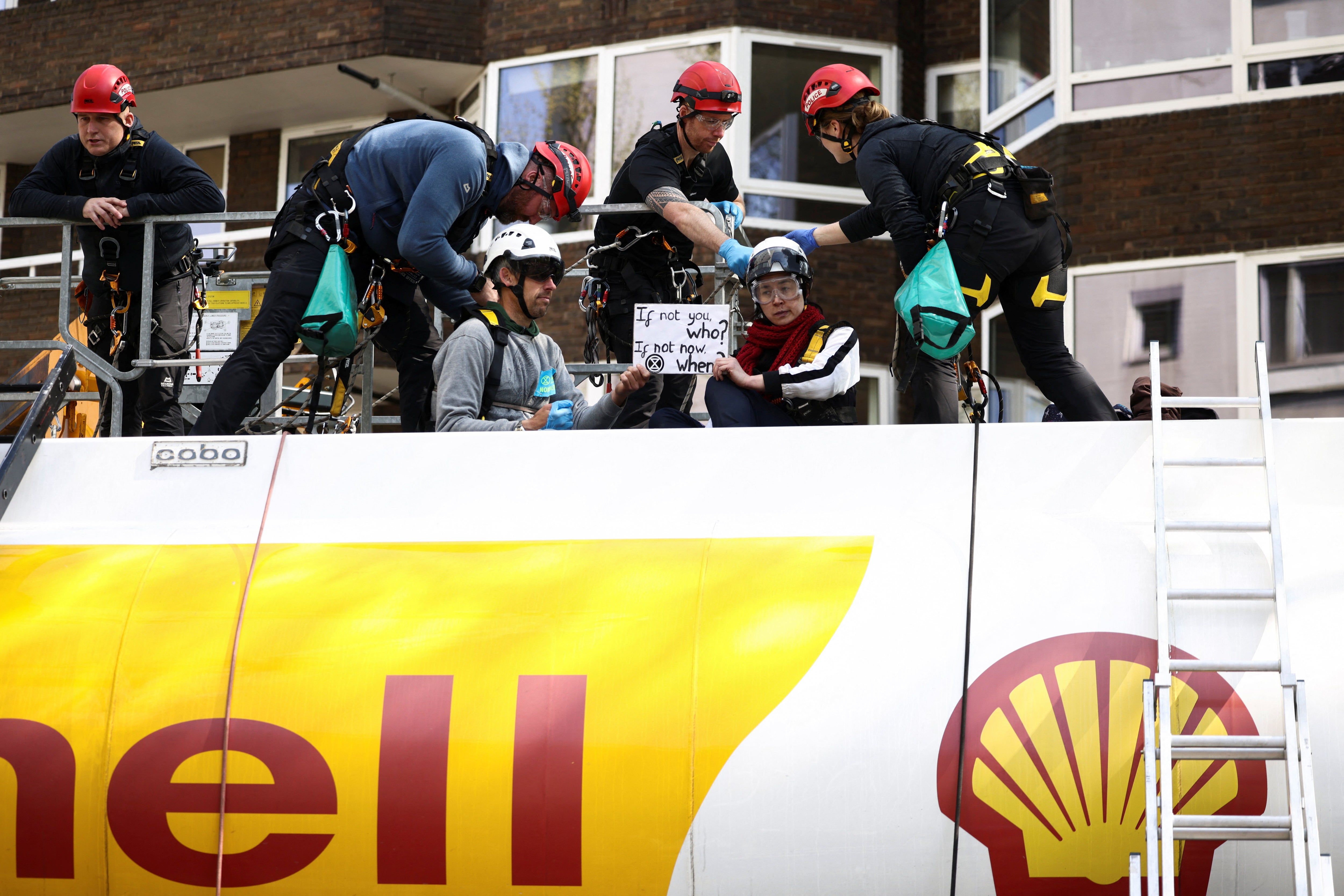 The protestors attached themselves to the trailer of a Shell oil tanker last April