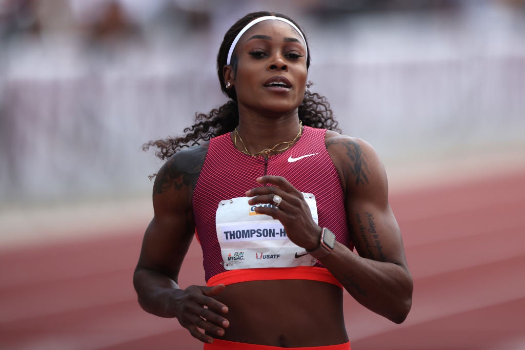 Elaine Thompson-Herah of Jamaica crosses the finish line of the women’s 100m semi-finals at Hilmer Lodge Stadium on Saturday