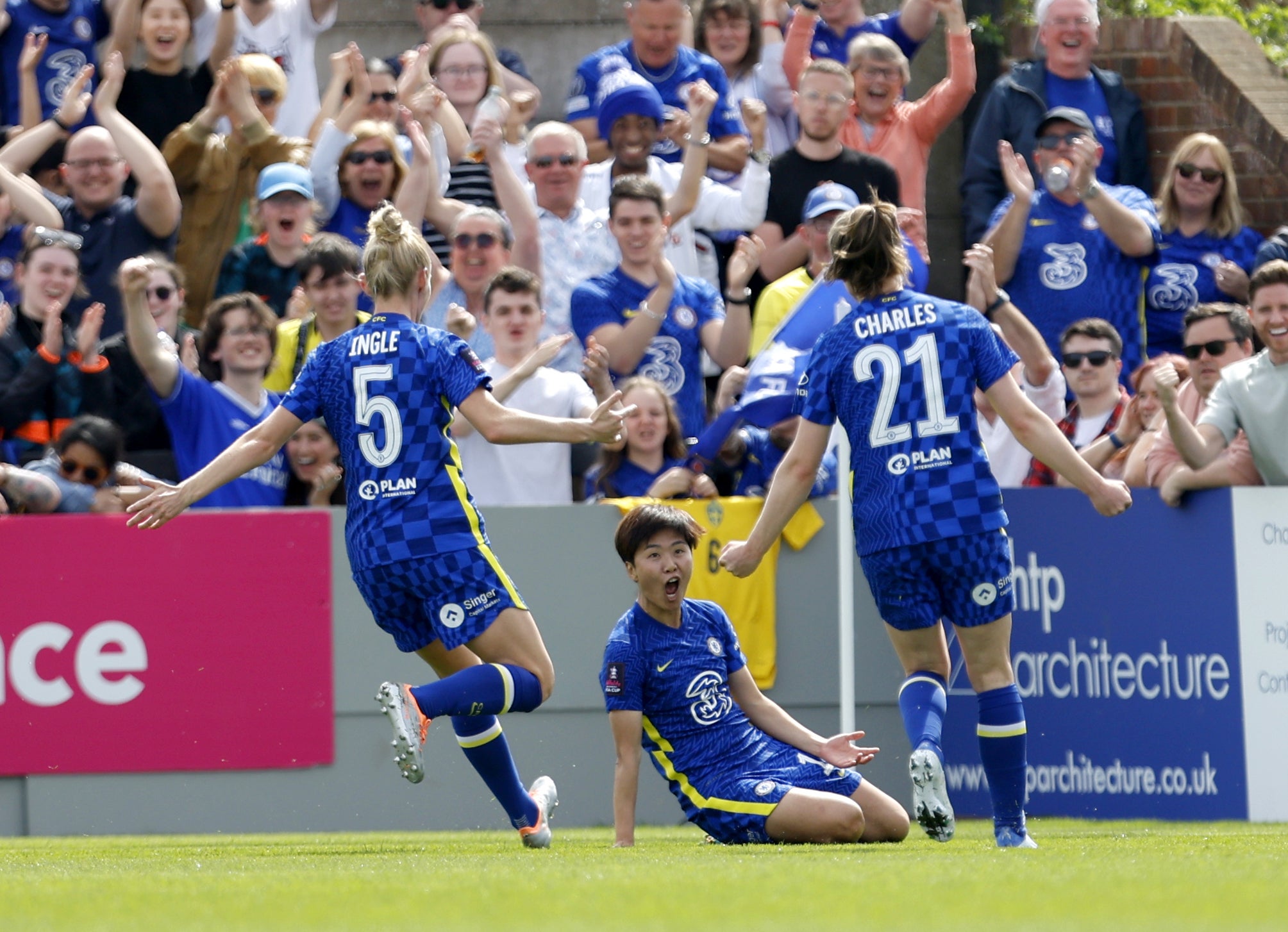 Chelsea’s Ji So-yun, centre, celebrates scoring the game’s second goal at Meadow Park (Steven Paston/PA)