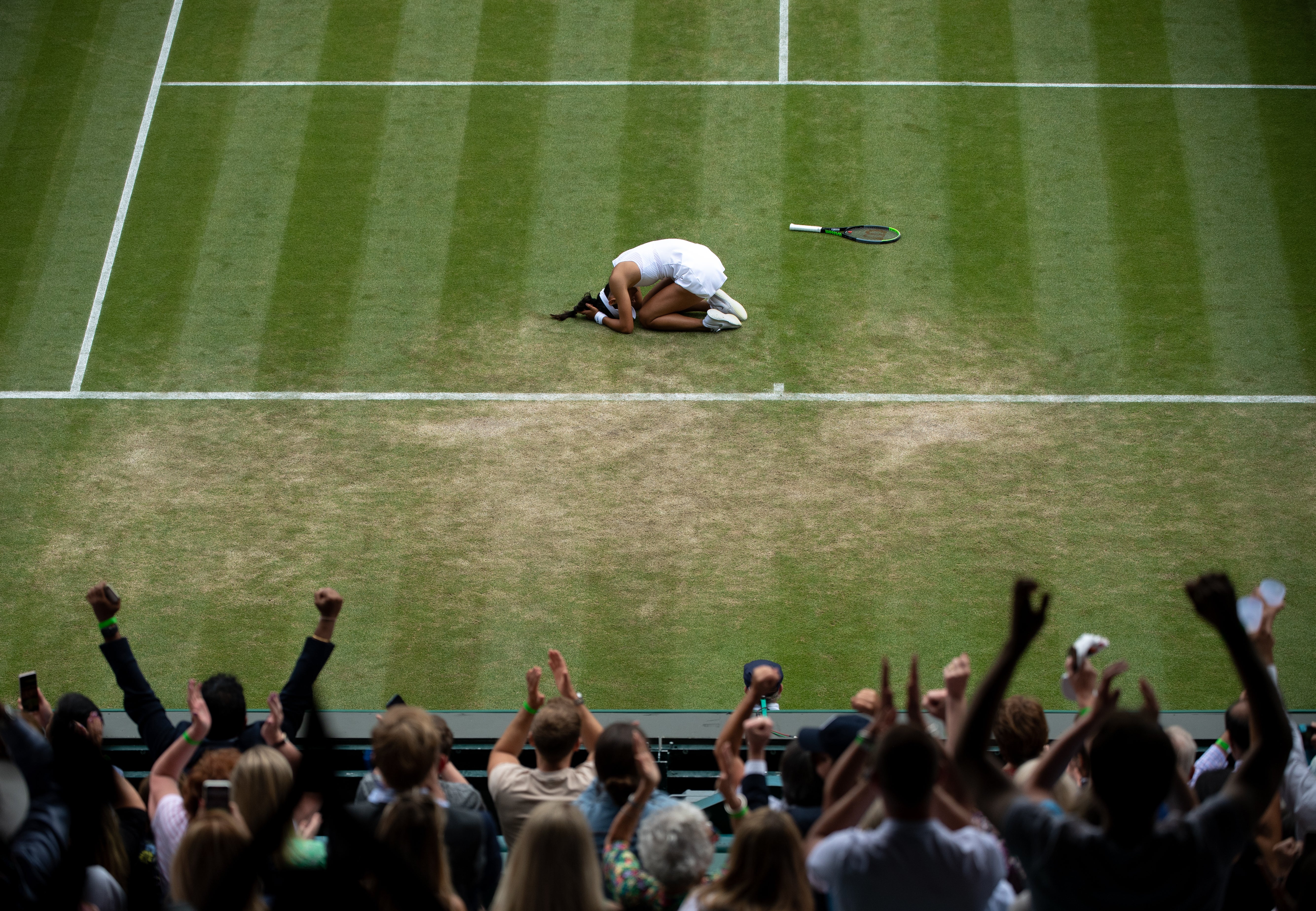 Raducanu celebrates her third-round win over Sorana Cirstea at Wimbledon last year