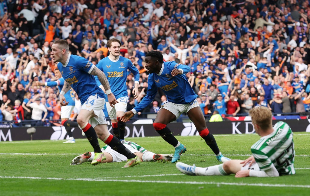 Fashion Sakala of Rangers celebrates the winning goal during the Scottish Cup semi-final against Celtic at Hampden Park