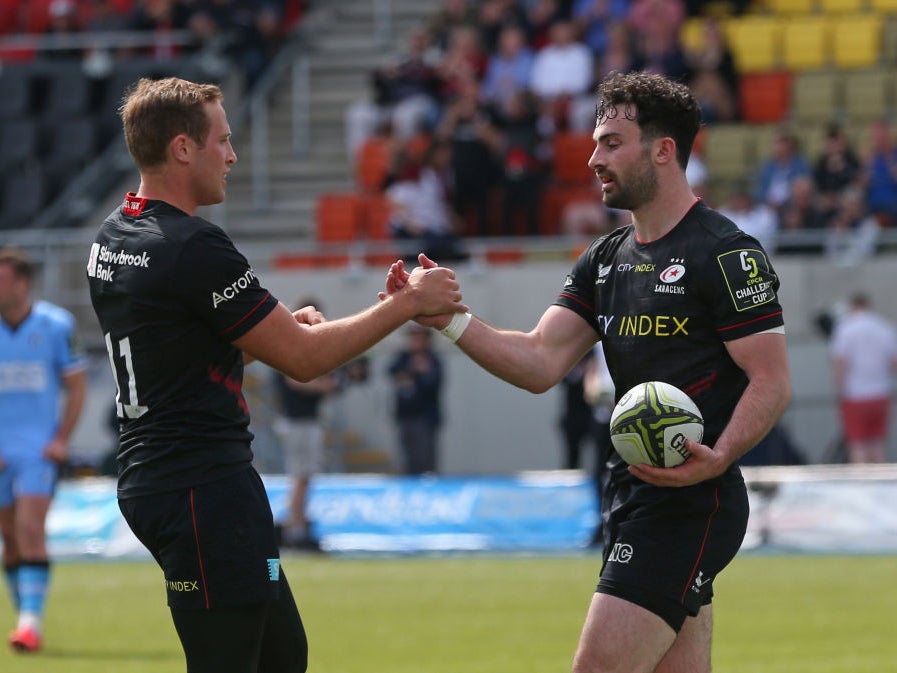 Dominic Morris (right) celebrates with Saracens teammate Max Malins