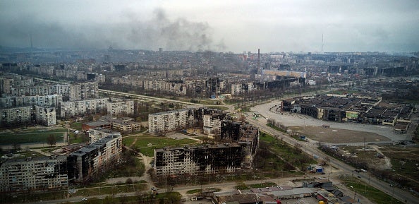 An aerial view taken on April 12, 2022, shows the city of Mariupol, during Russia's military invasion launched on Ukraine