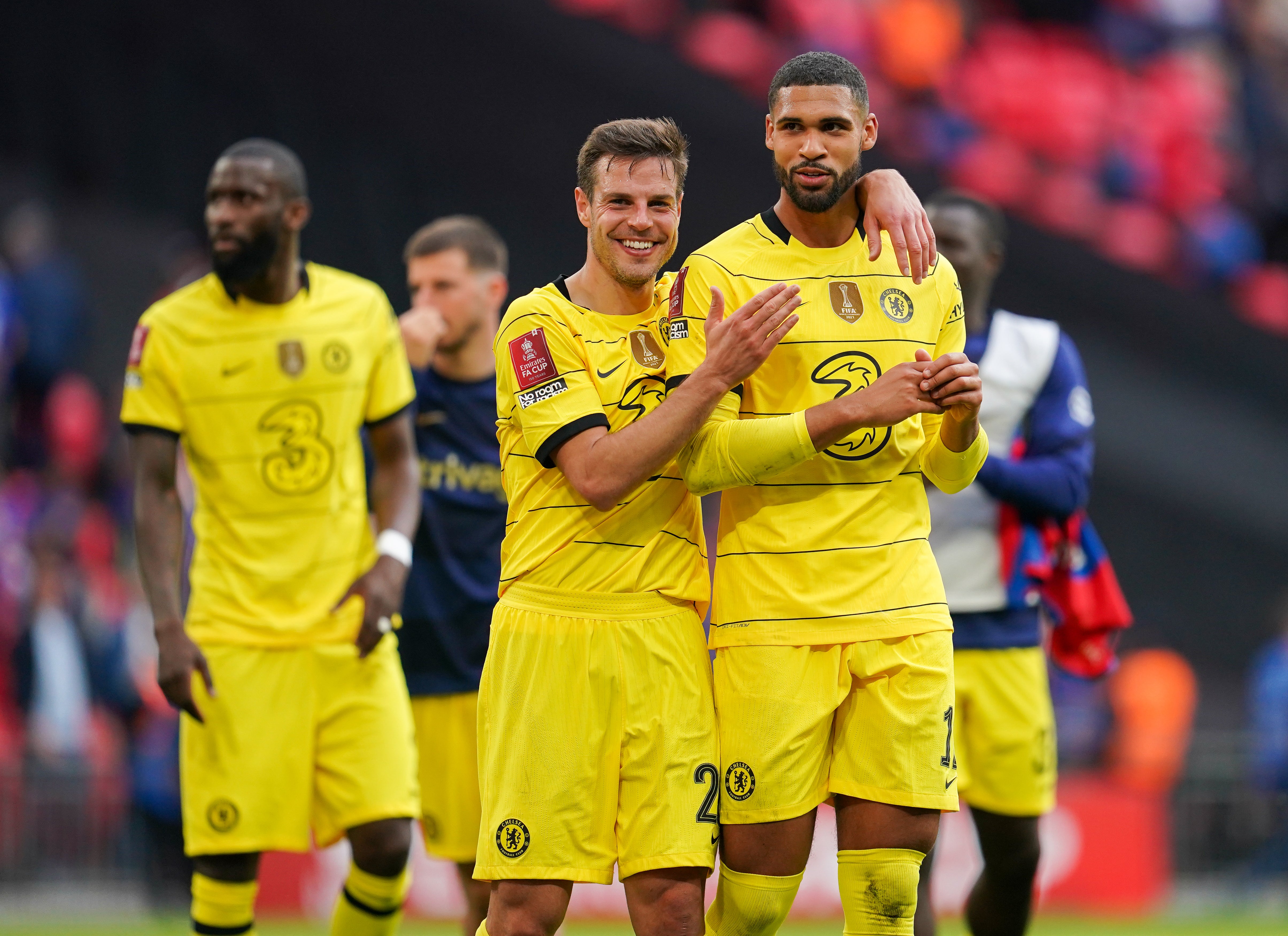 Cesar Azpilicueta (centre left) and Ruben Loftus-Cheek (right) celebrate after the final whistle (Nick Potts/PA)