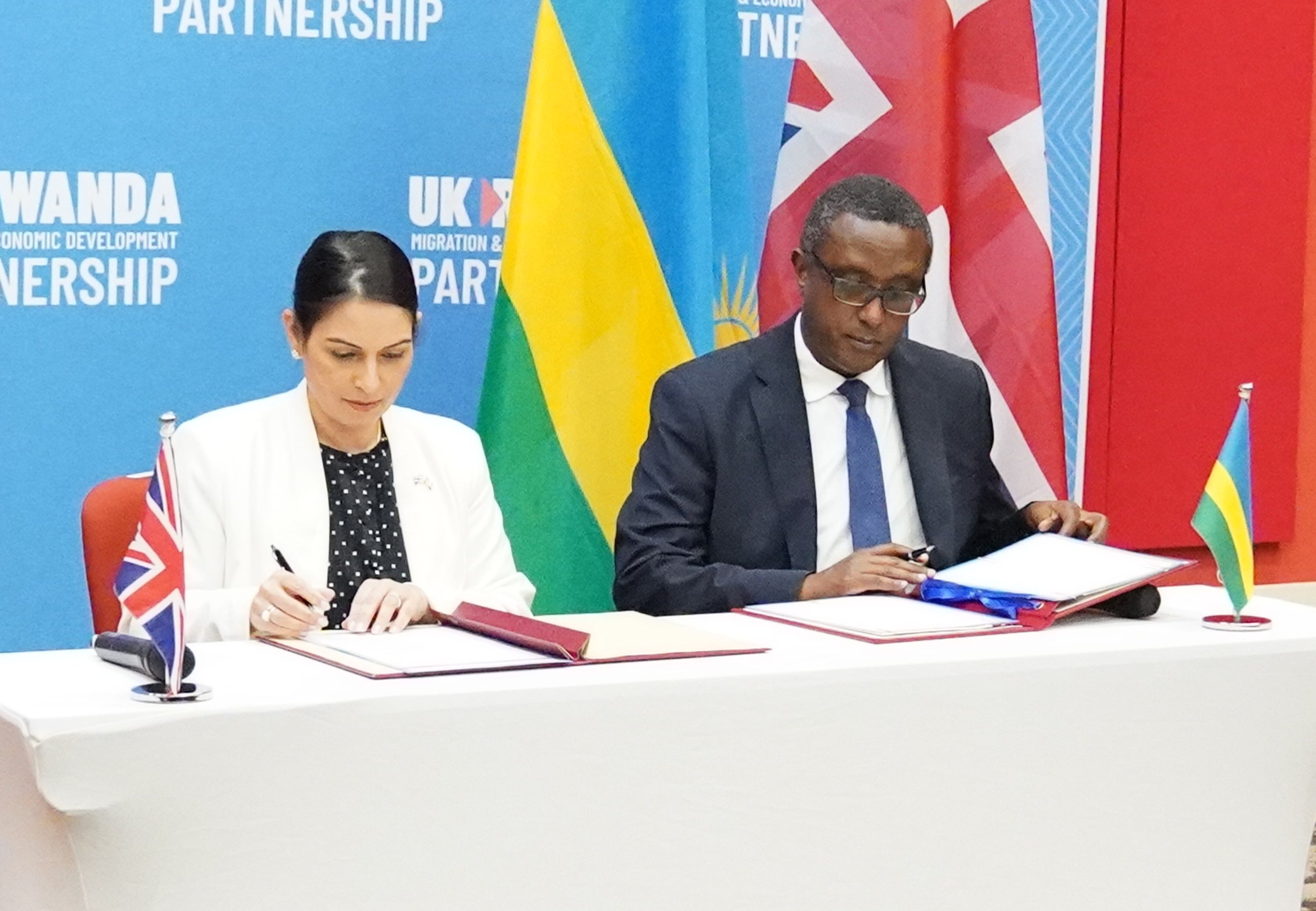 Home Secretary Priti Patel and Rwandan minister for foreign affairs and international co-operation, Vincent Biruta (Flora Thompson/PA)