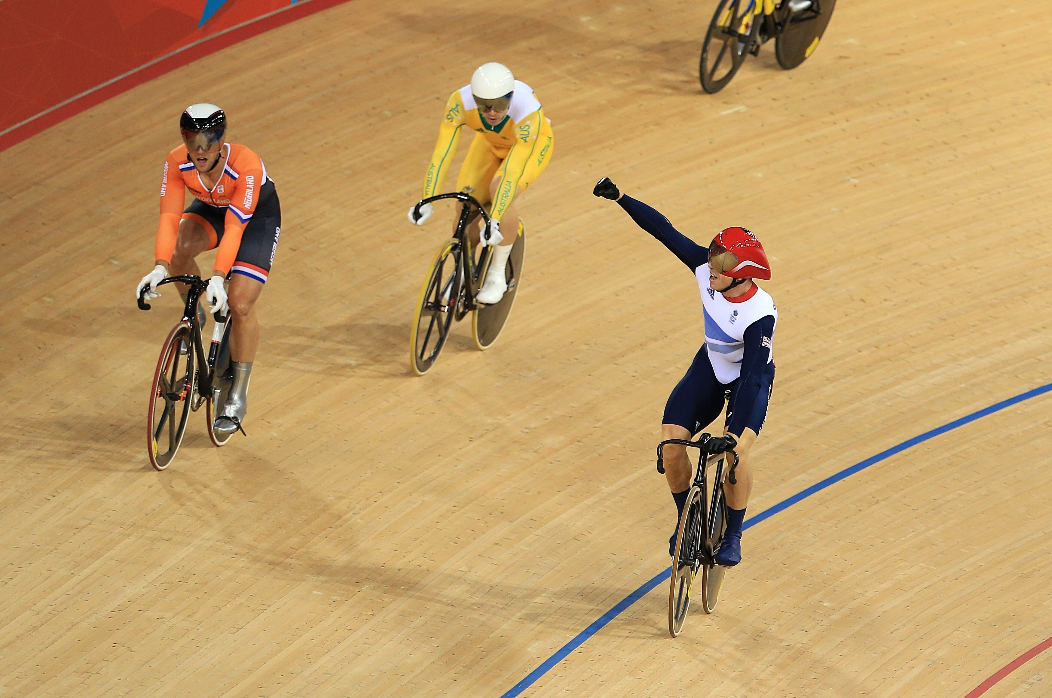 Hoy celebrates winning his sixth and final Olympic gold medal in the keirin at London 2012 (Stephen Pond/PA)