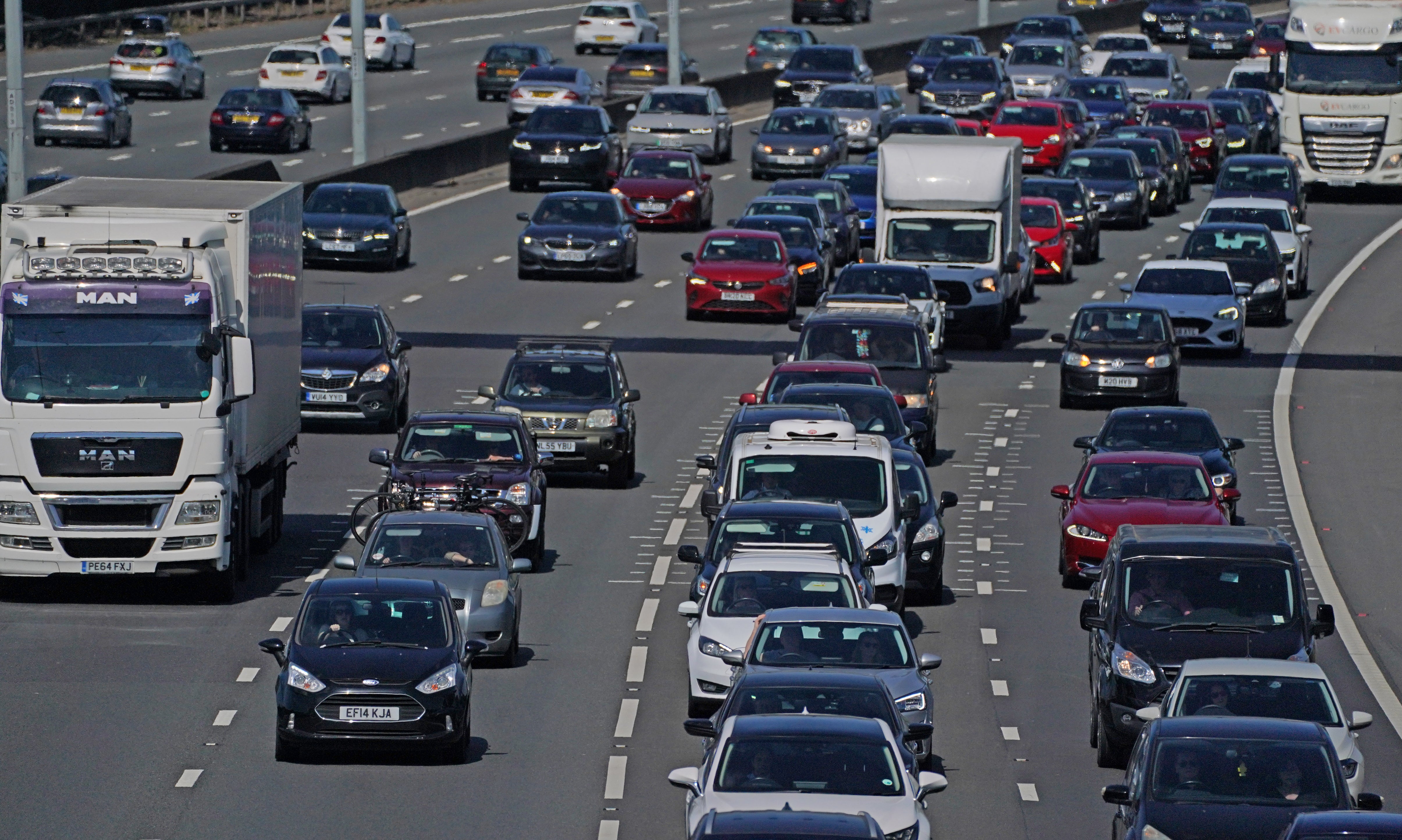 Slow-moving traffic on the M3 near Egham in Surrey (Steve Parsons/PA)