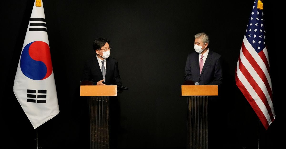 File: US special representative for North Korea, Sung Kim and Noh Kyu-duk, South Korea’s special representative for Korean Peninsula Peace and Security Affairs, attend a briefing after their meeting at a hotel in Seoul