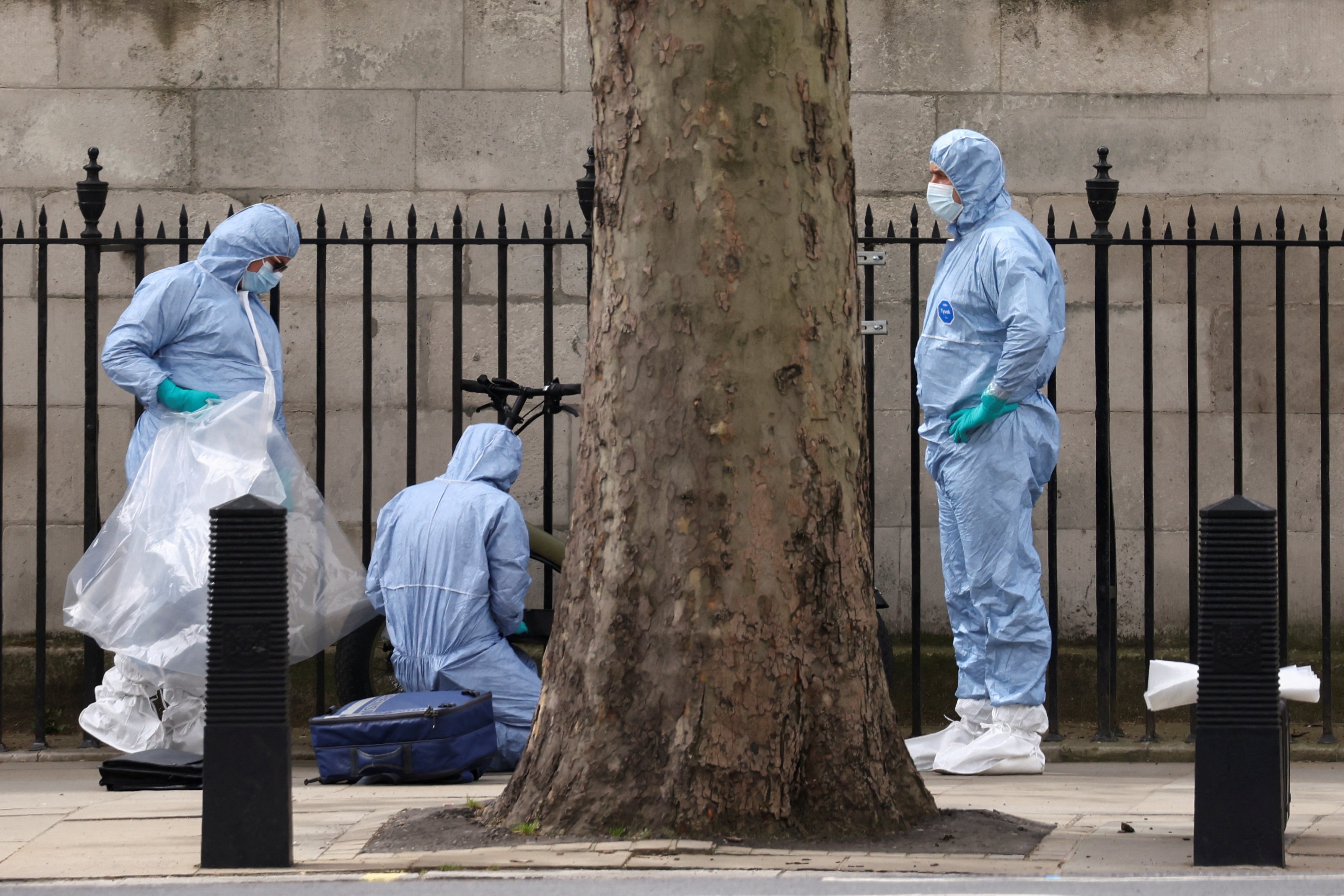 Forensic officials work at a cordon on Whitehall in Westminster