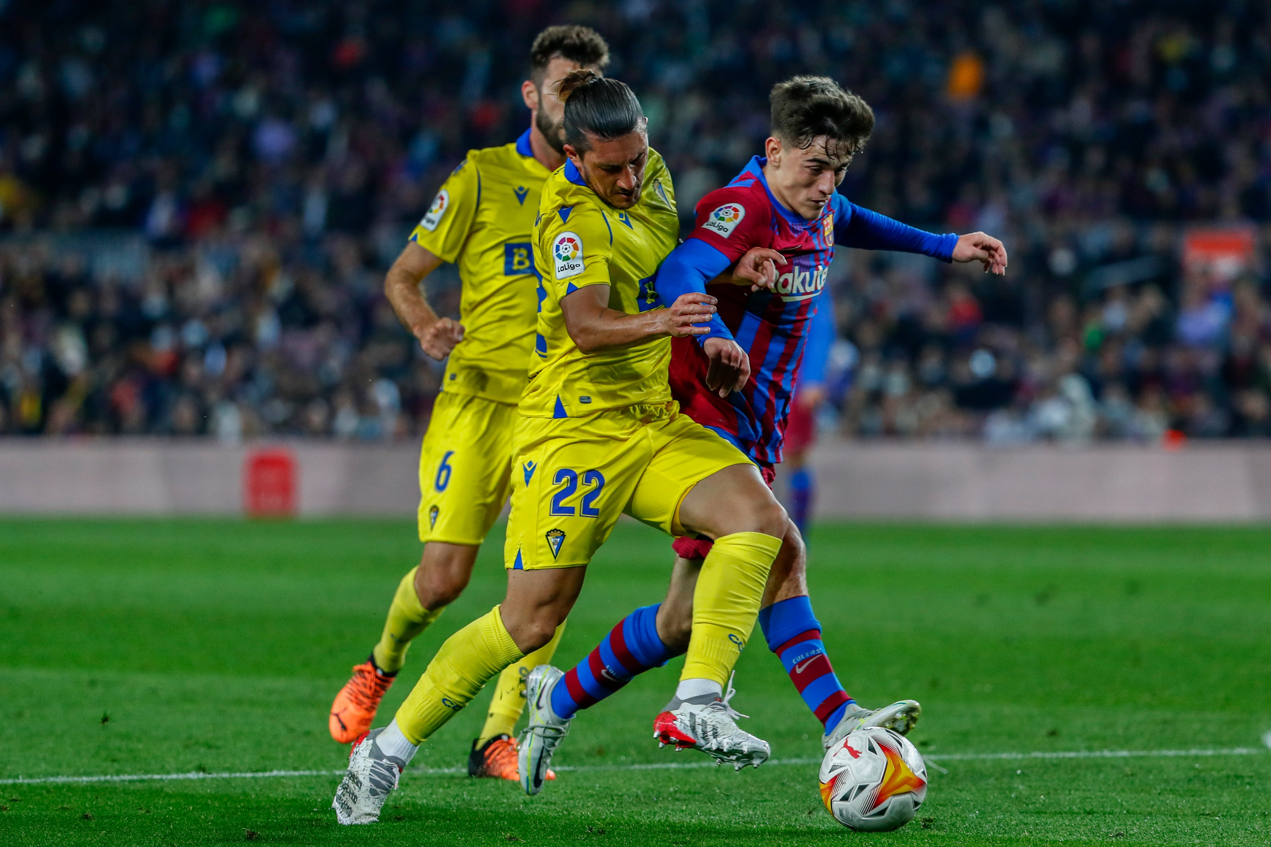 Barcelona were beaten by Cadiz at the Nou Camp four days after losing to Eintracht Frankfurt at the same venue (Joan Monfort/AP)