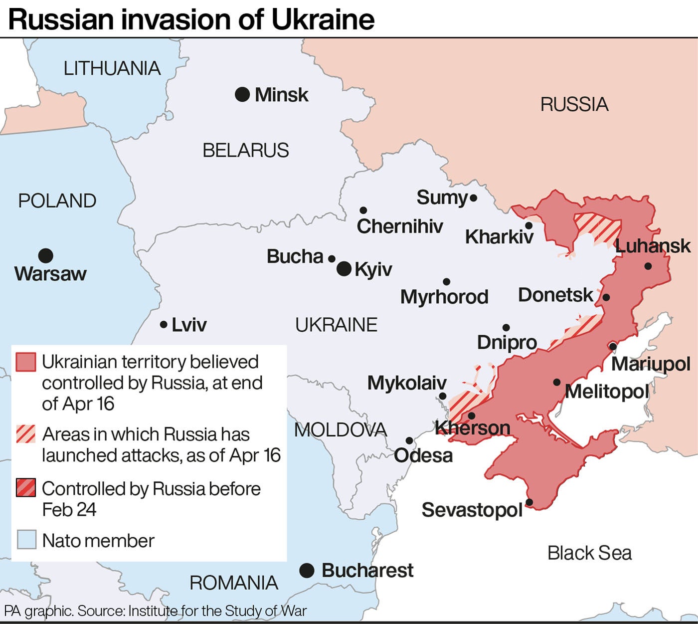 A map showing the extent of the Russian invasion of Ukraine