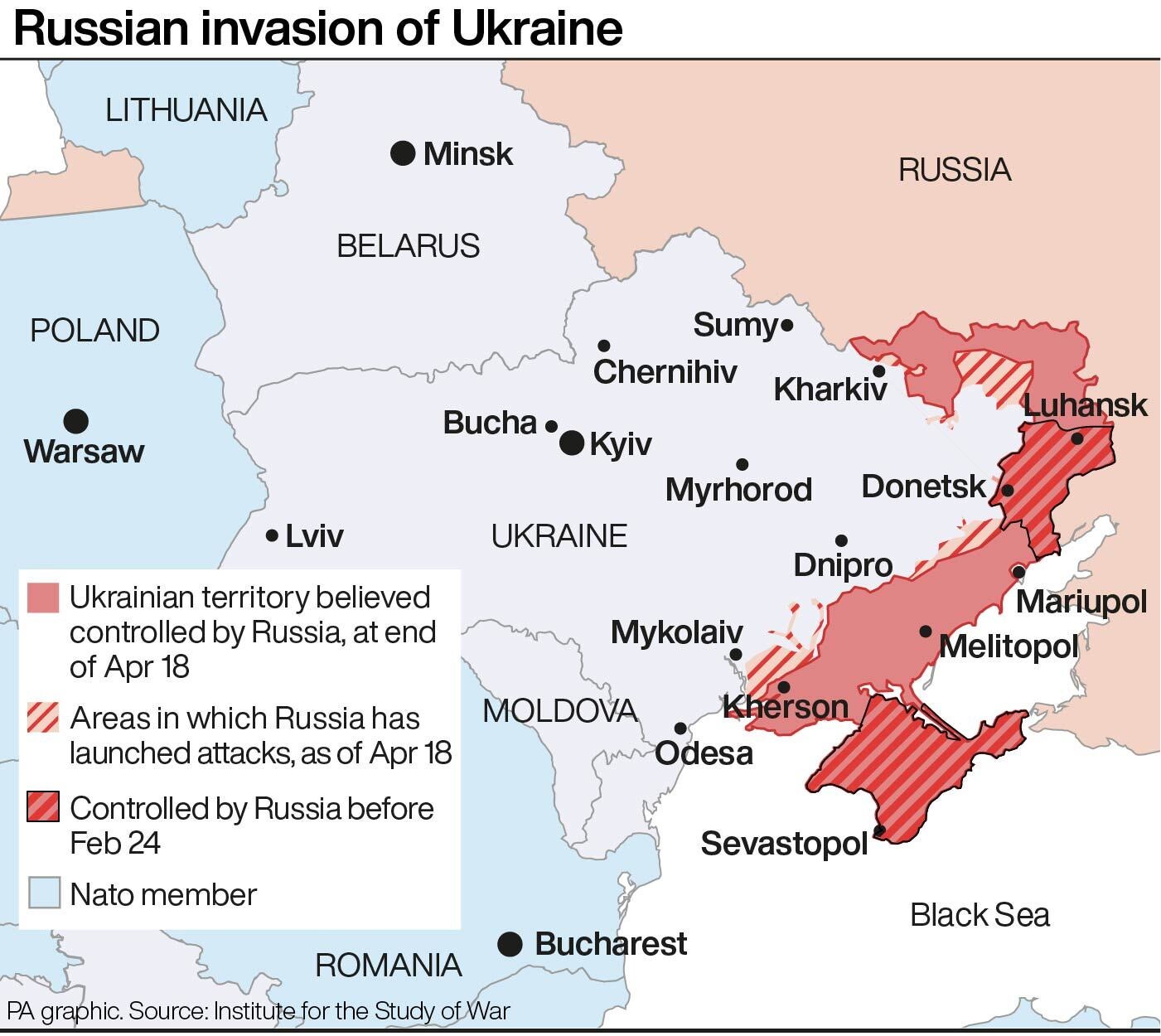 This map shows the extent of the Russian invasion of Ukraine