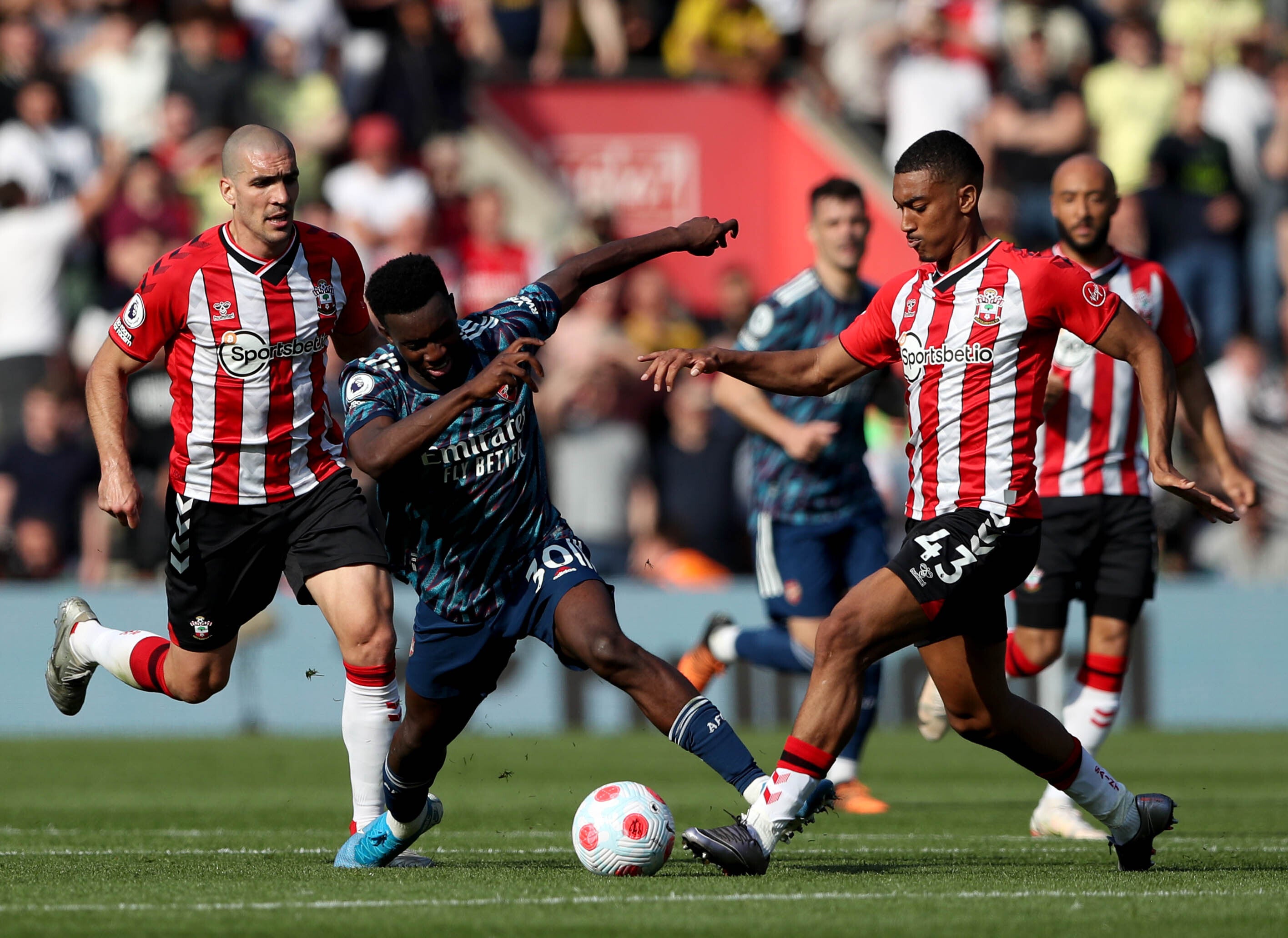 Eddie Nketiah, centre, is out of contract at the end of the season (Kieran Cleeves/PA)