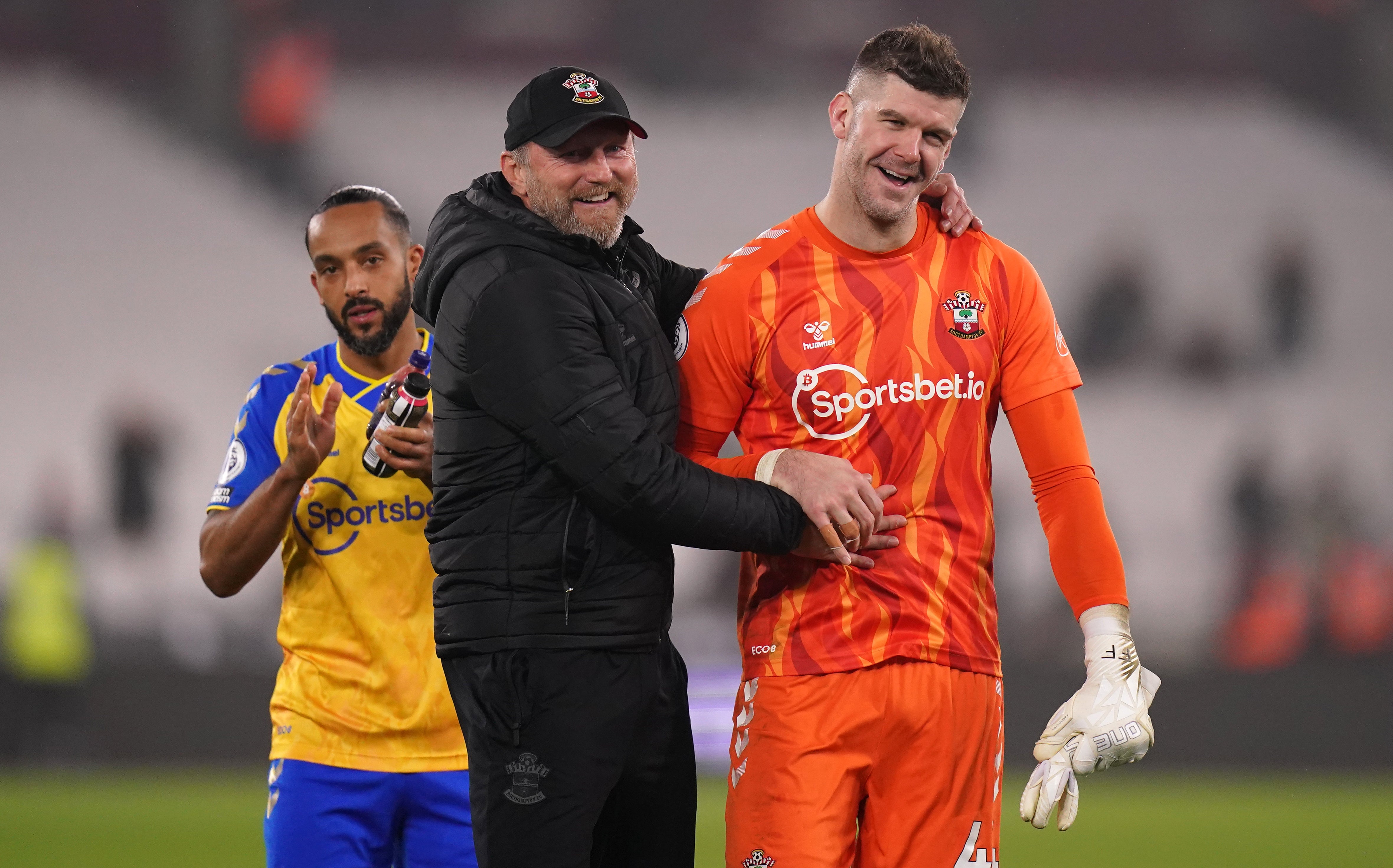 Southampton manager Ralph Hasenhuttl, centre, hopes to hold on to goalkeeper Fraser Forster, right (Adam Davy/PA)