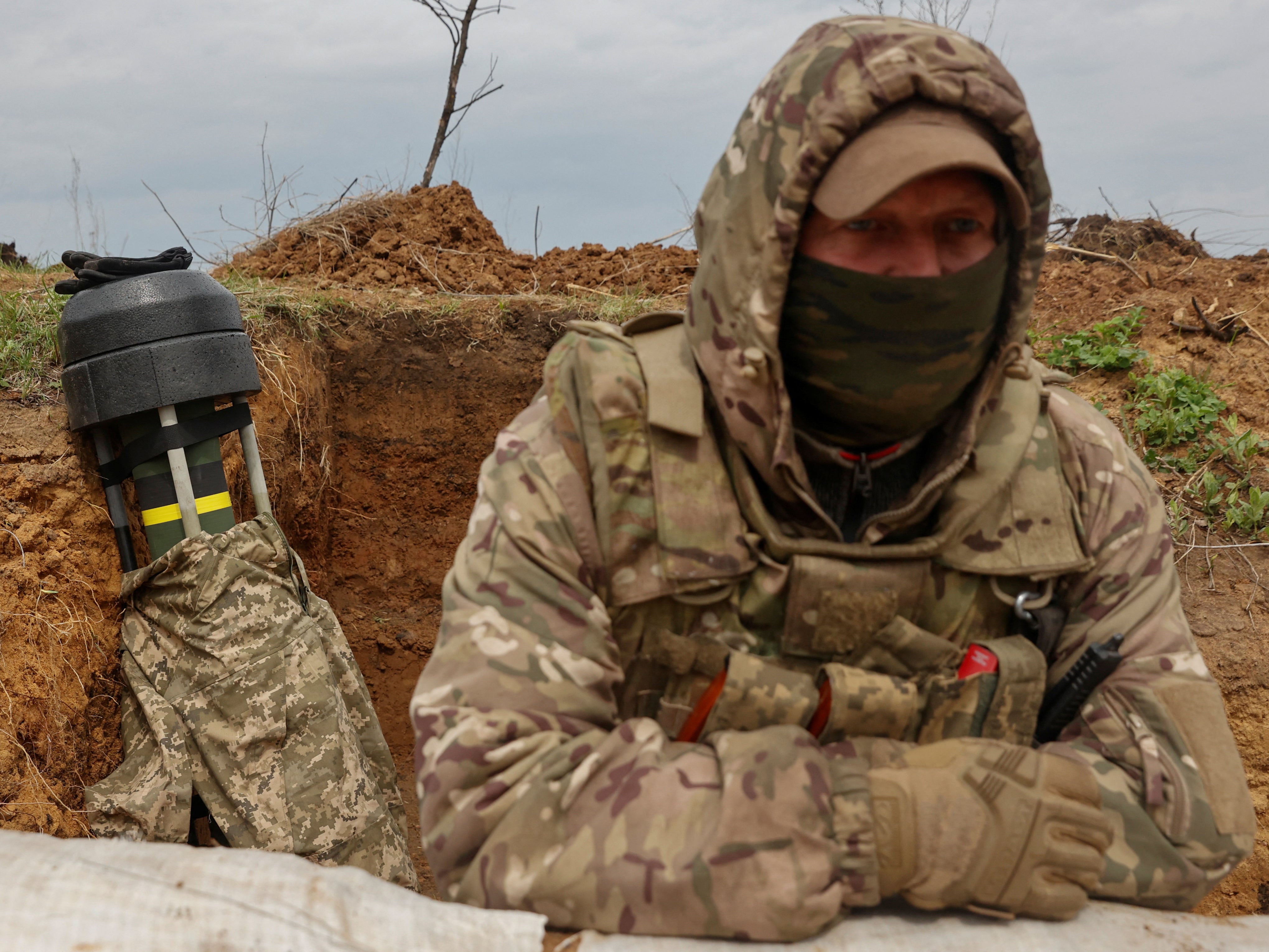 A Ukrainian serviceman stand next to an American-made Javelin anti-tank missile in Donetsl