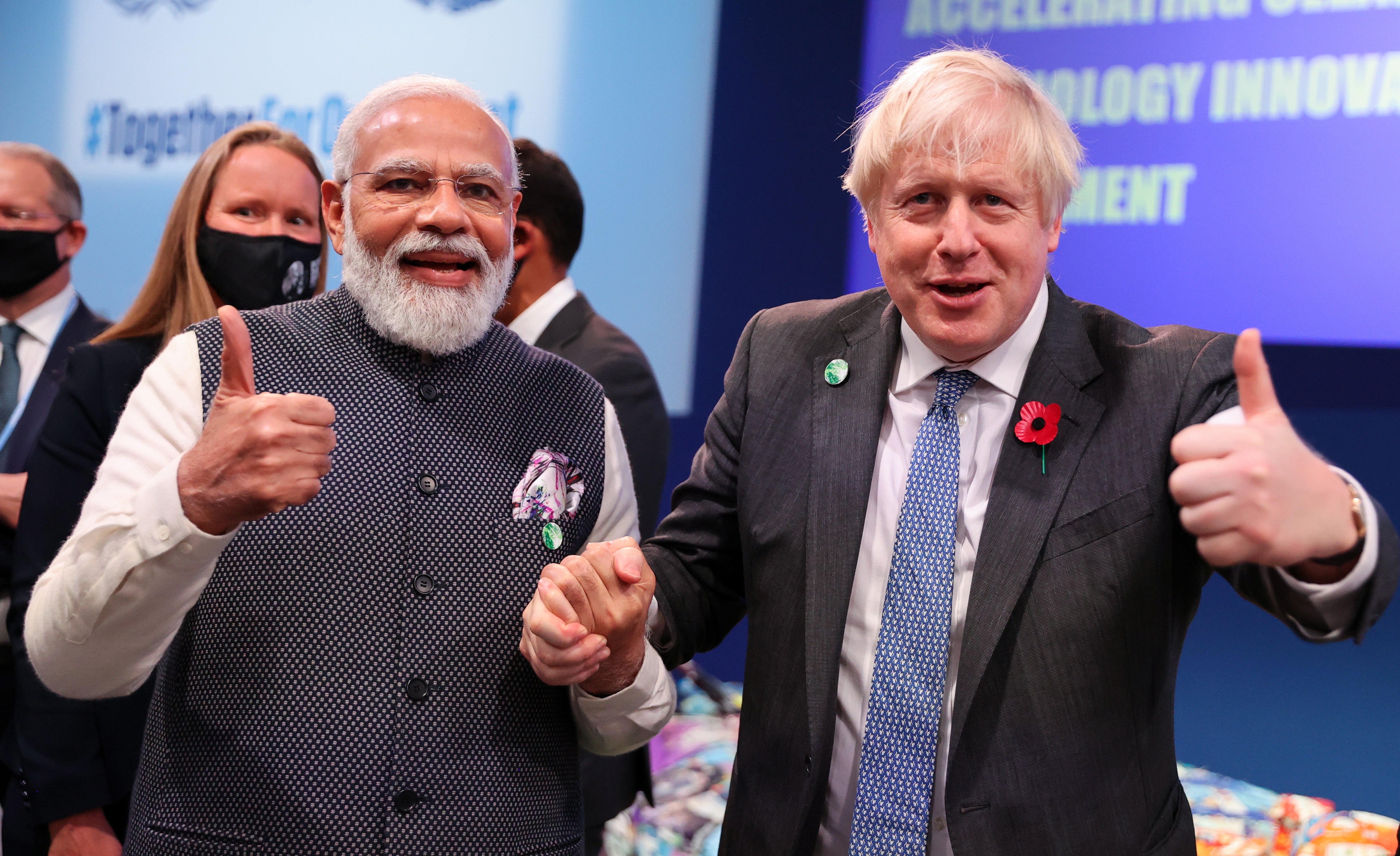 Indian Prime Minister Narendra Modi with Boris Johnson in Glasgow last year