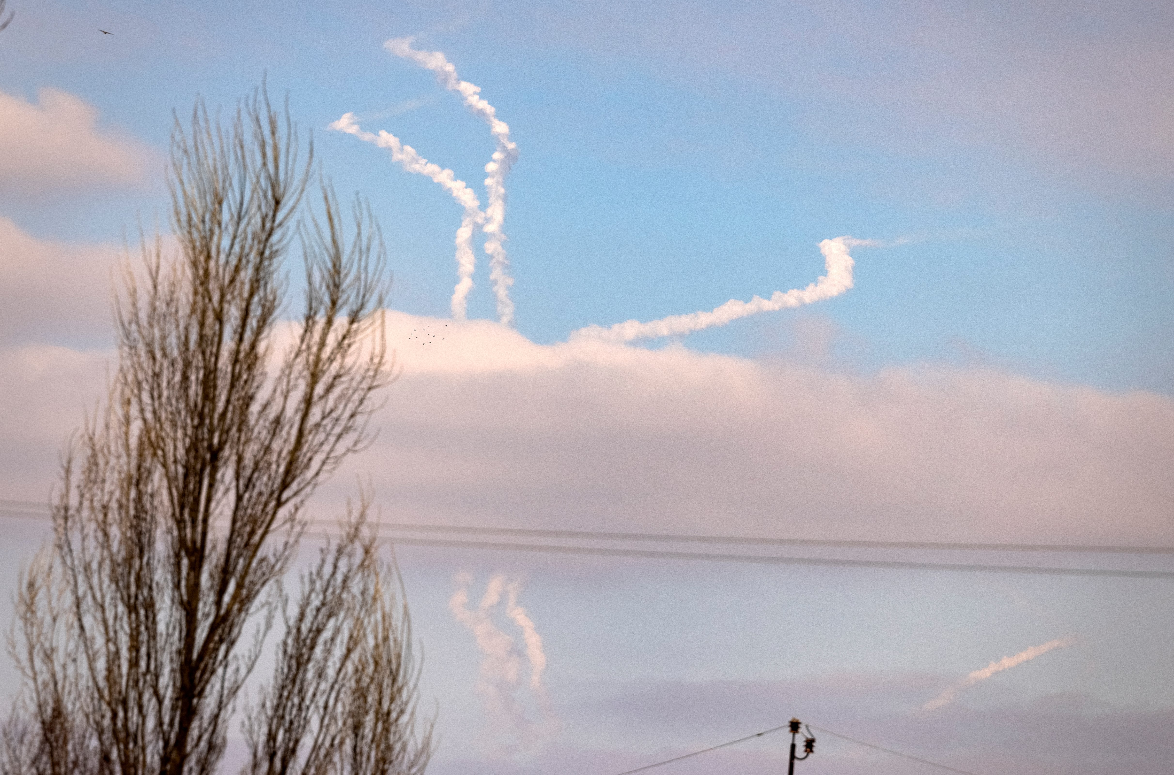 Anti-aircraft missiles in the sky a few miles from Kyiv on 14 March 2022 – in the third week of Russian invasion of Ukraine