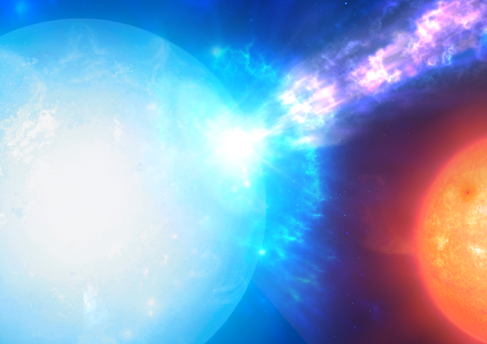 An artist’s impression of a micronova explosion from the base of the accretion stream at the magnetic pole of an accreting white dwarf in a binary star system