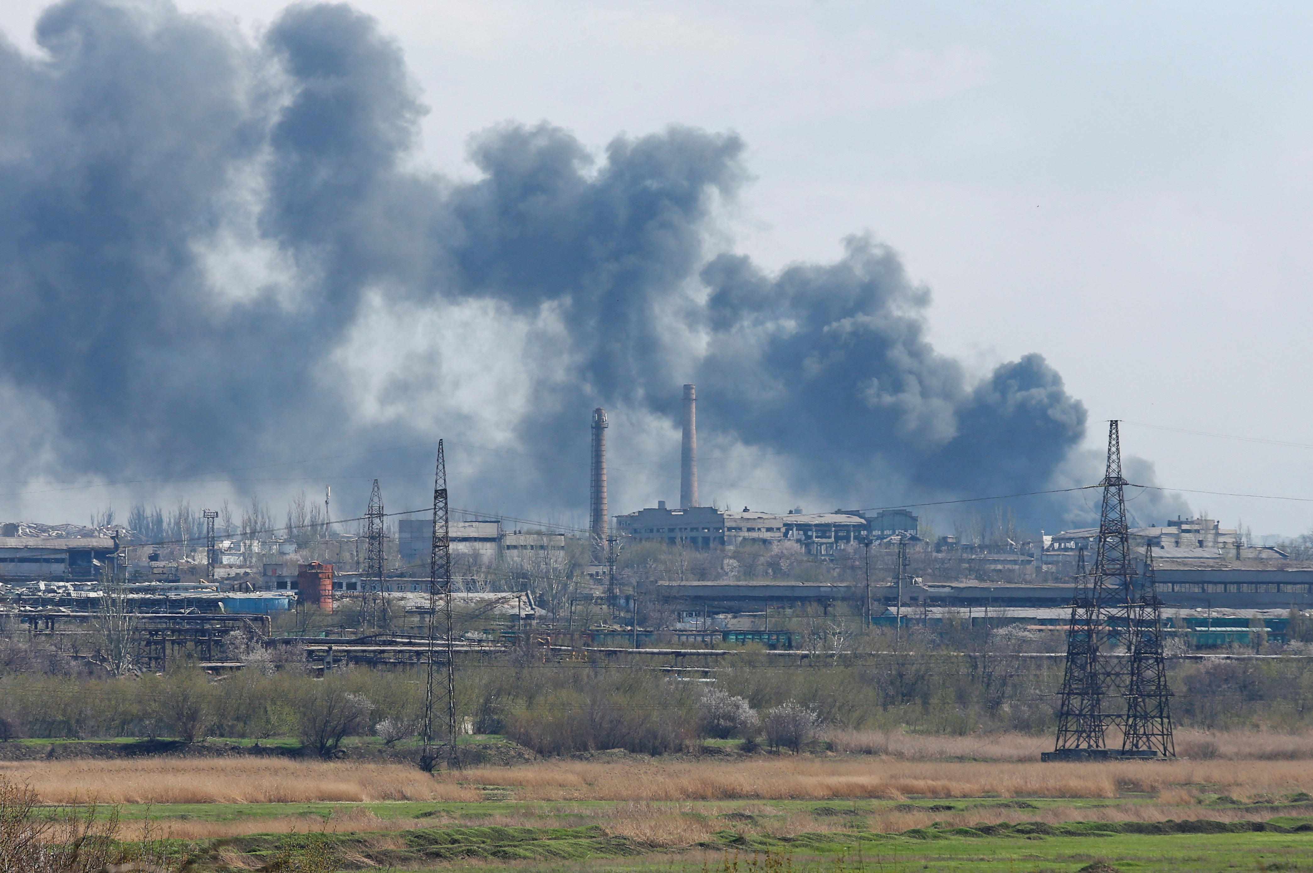 Smoke rises above the Azovstal Steel Plant