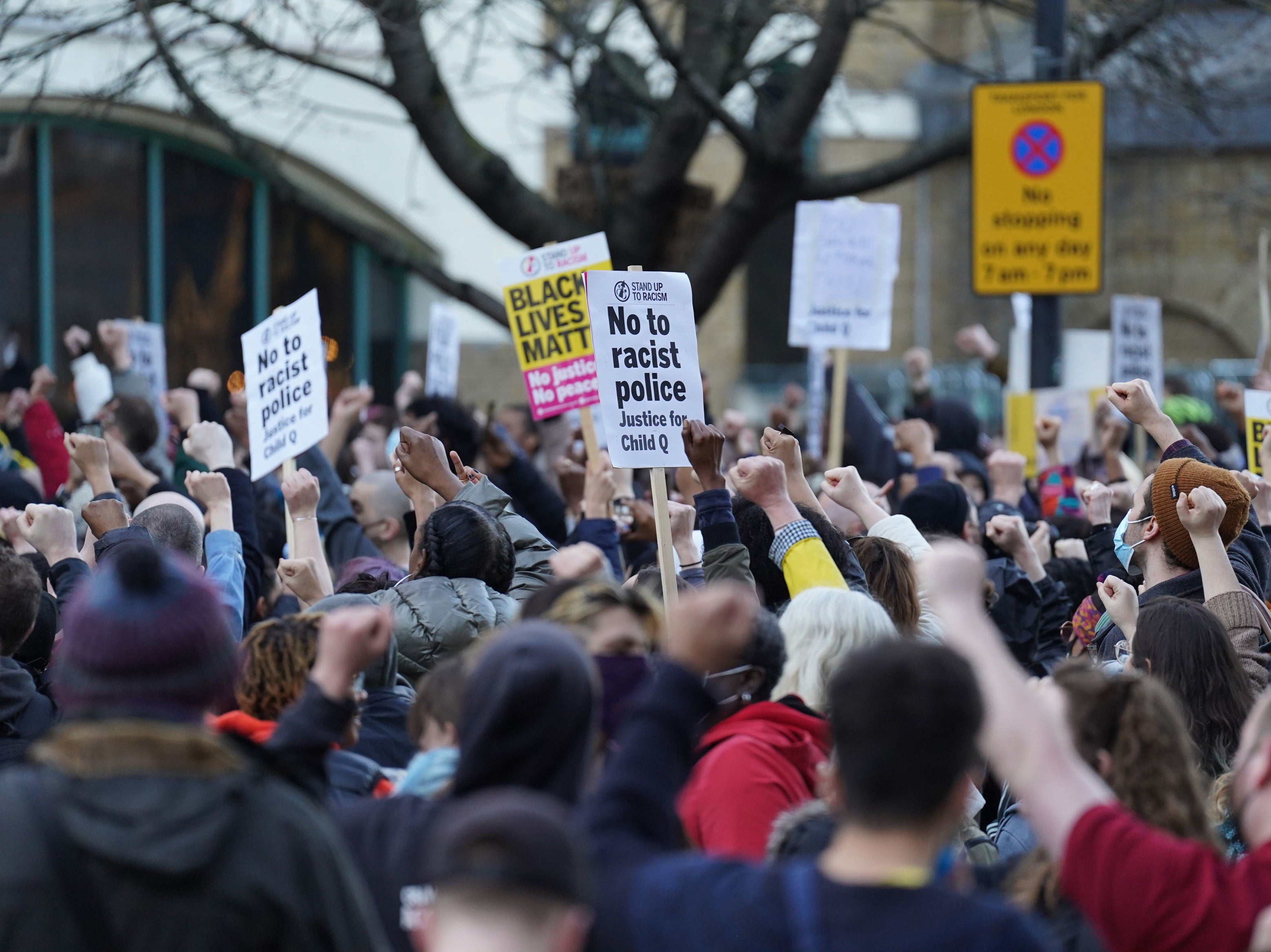 People outside Stoke Newington Police Station in London, over the treatment of a black 15-year-old schoolgirl who was strip-searched by police while on her period