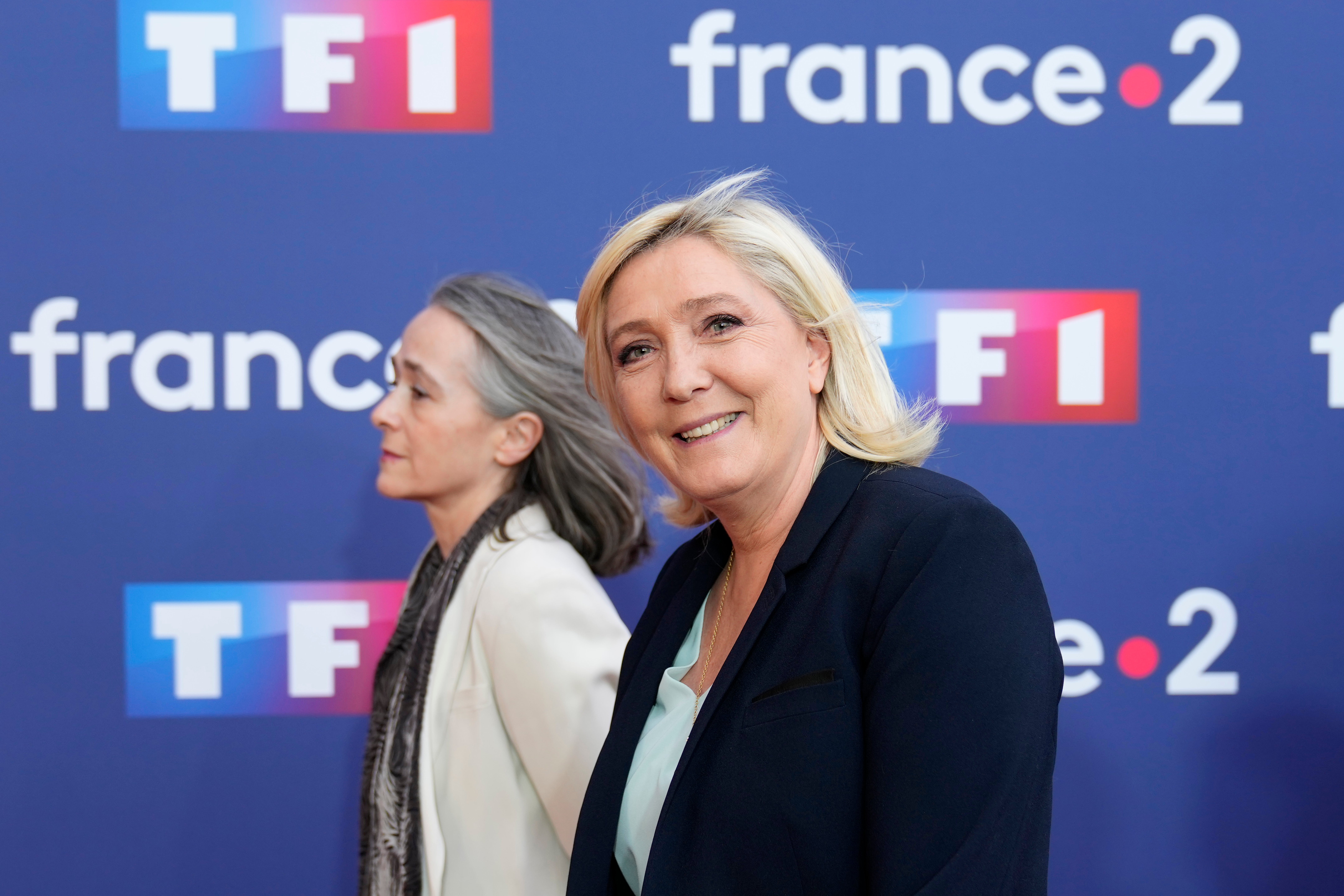 Marine Le Pen arrives to take part in Wednesday’s live TV debate with Emmanuel Macron