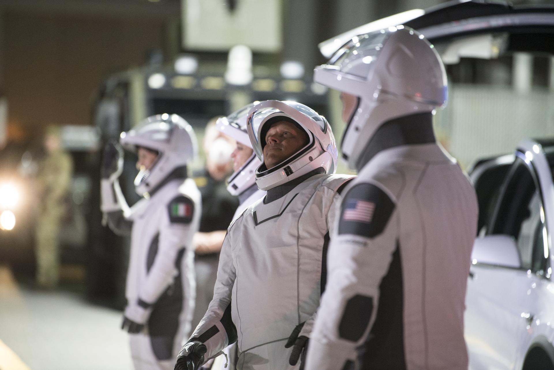 The astronauts of Nasa’s Crew-4 mission wait during a dress rehearsal for launch on 20 April 2022