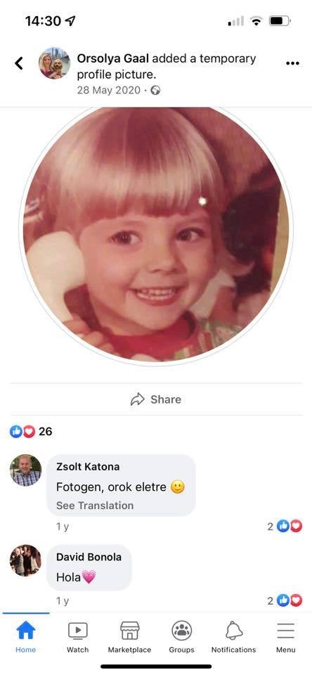 An account belonging to David Bonola commented on a childhood photo posted by Orsolya Gaal in May 2020