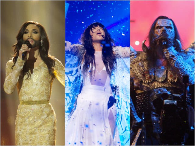 <p>(L-R) Conchita Wurst, Loreen, Lordi</p>