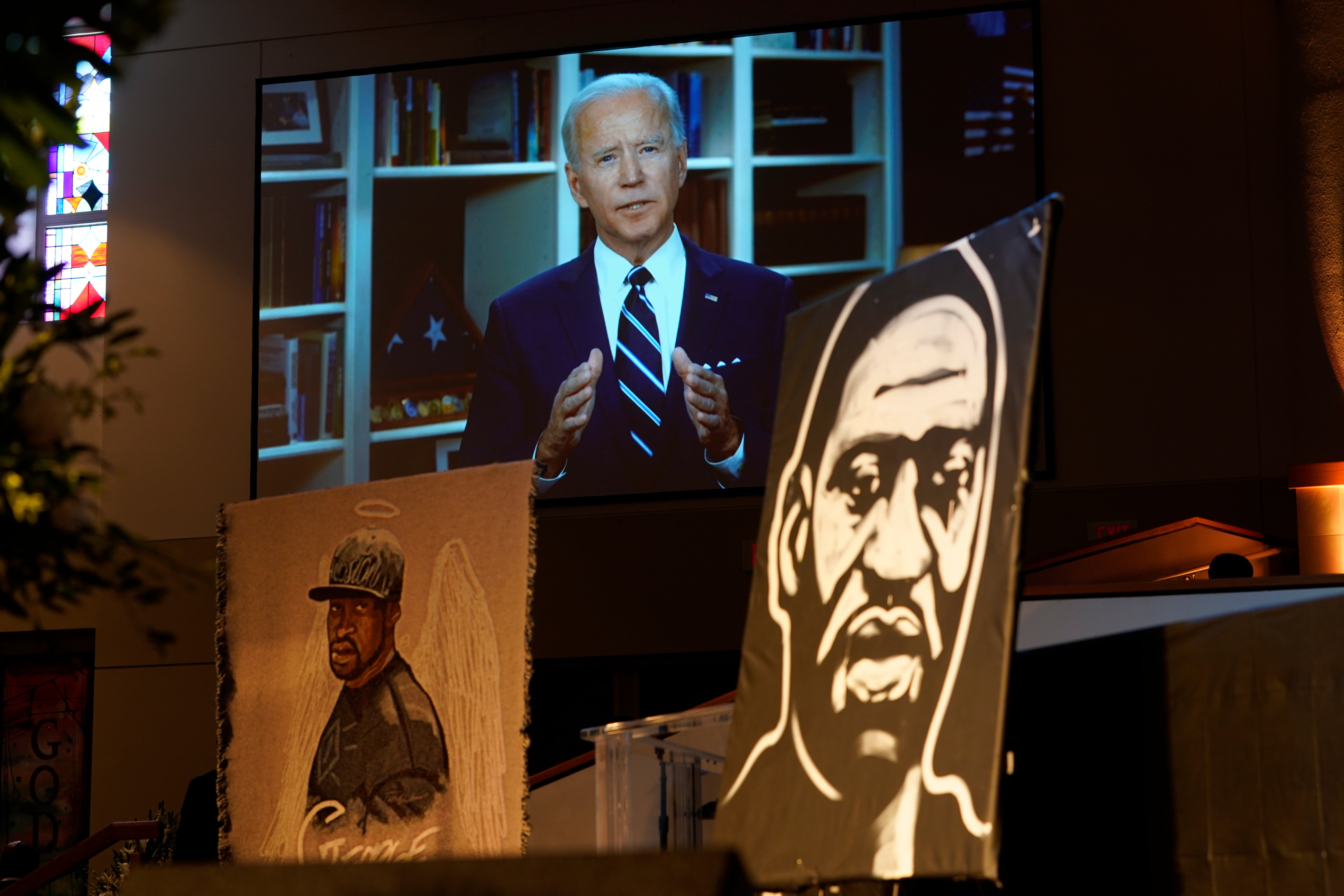 Joe Biden speaks via video link at the funeral service for George Floyd in the chapel at the Fountain of Praise church June 9, 2020.