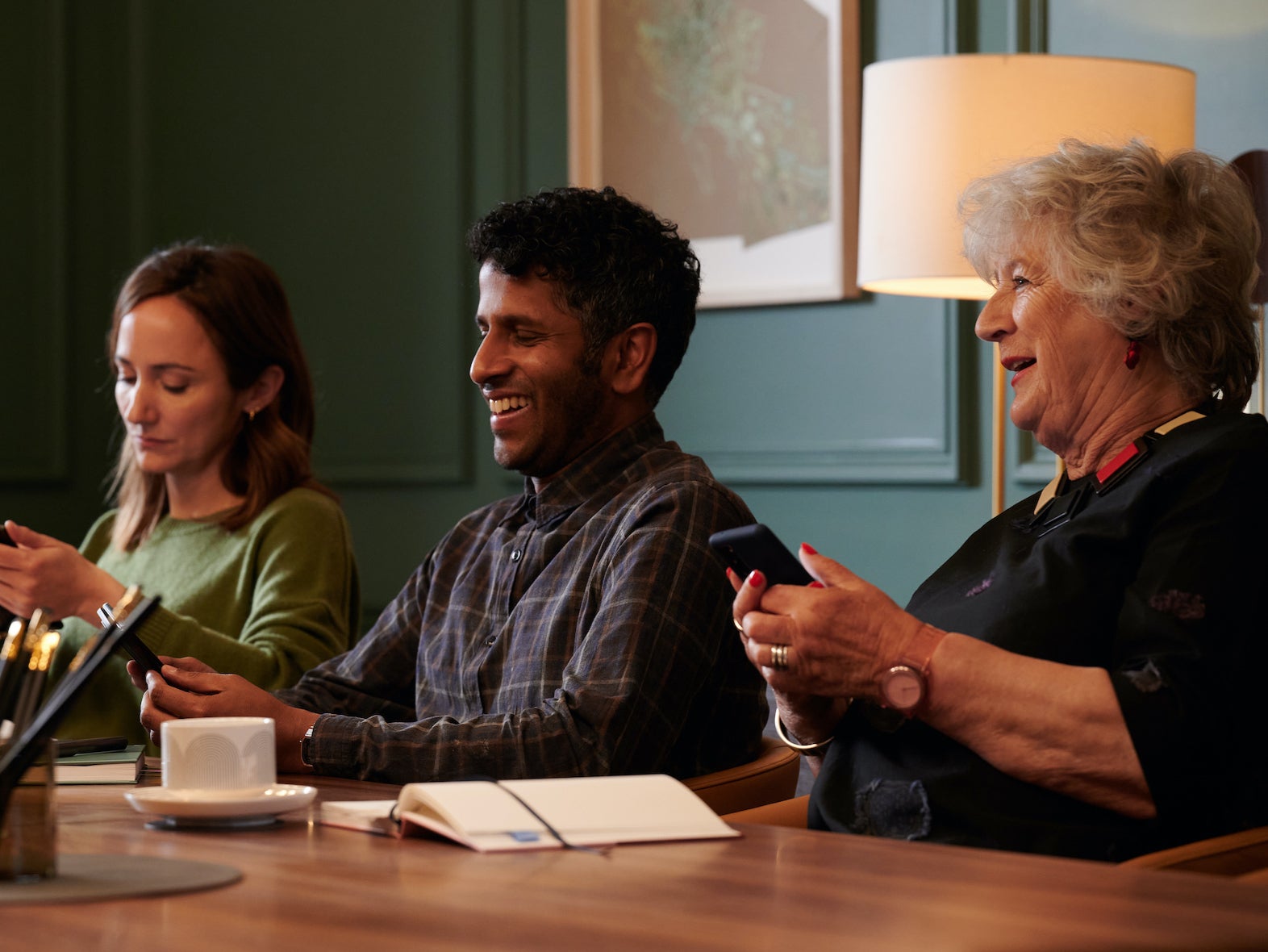 Lydia Leonard, Prasanna Puwanarajah and Maggie Steed in ‘Ten Percent’