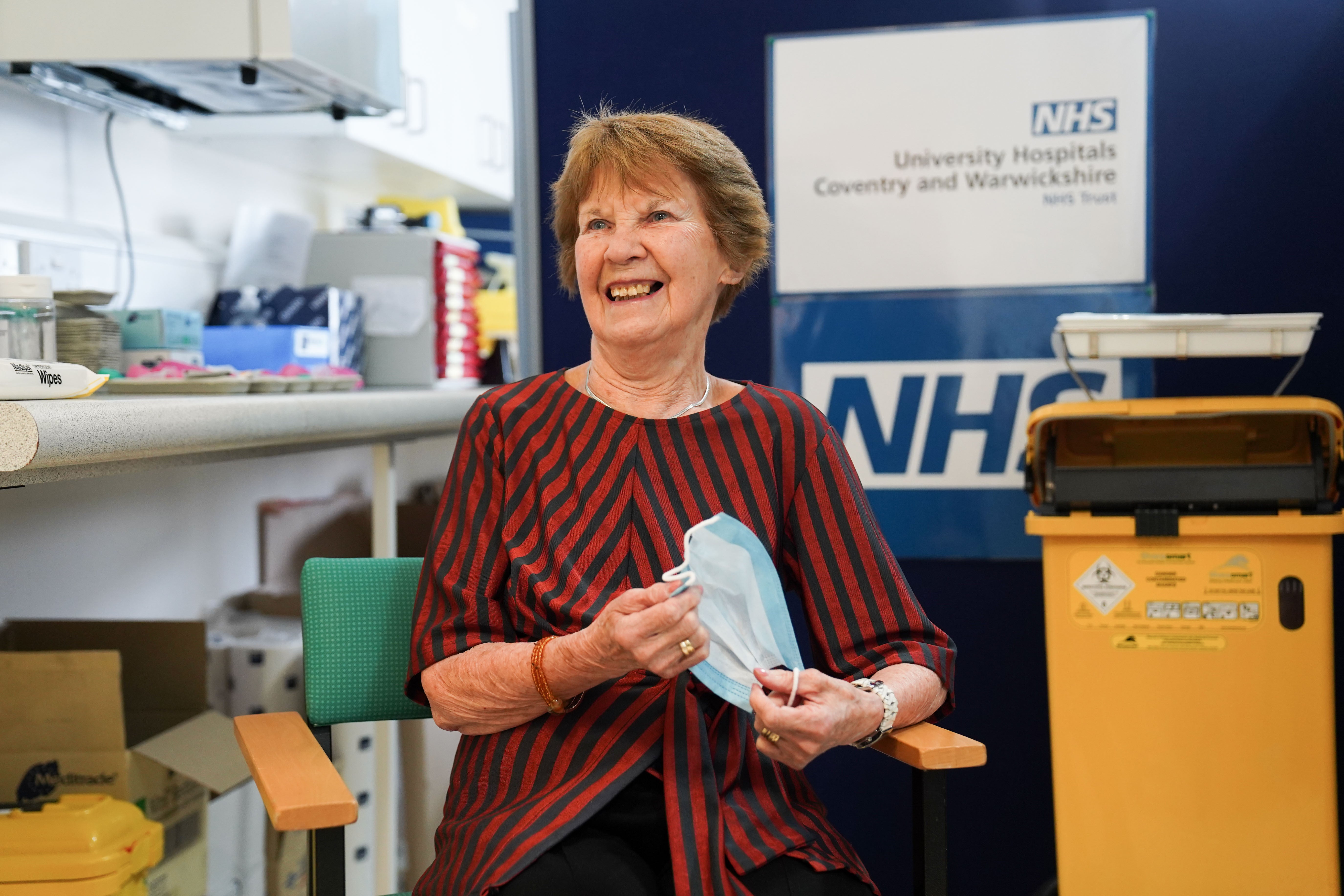 Margaret Keenan, 91, arrives to receive her spring Covid-19 booster shot at University Hospital Coventry (Jacob King/PA)