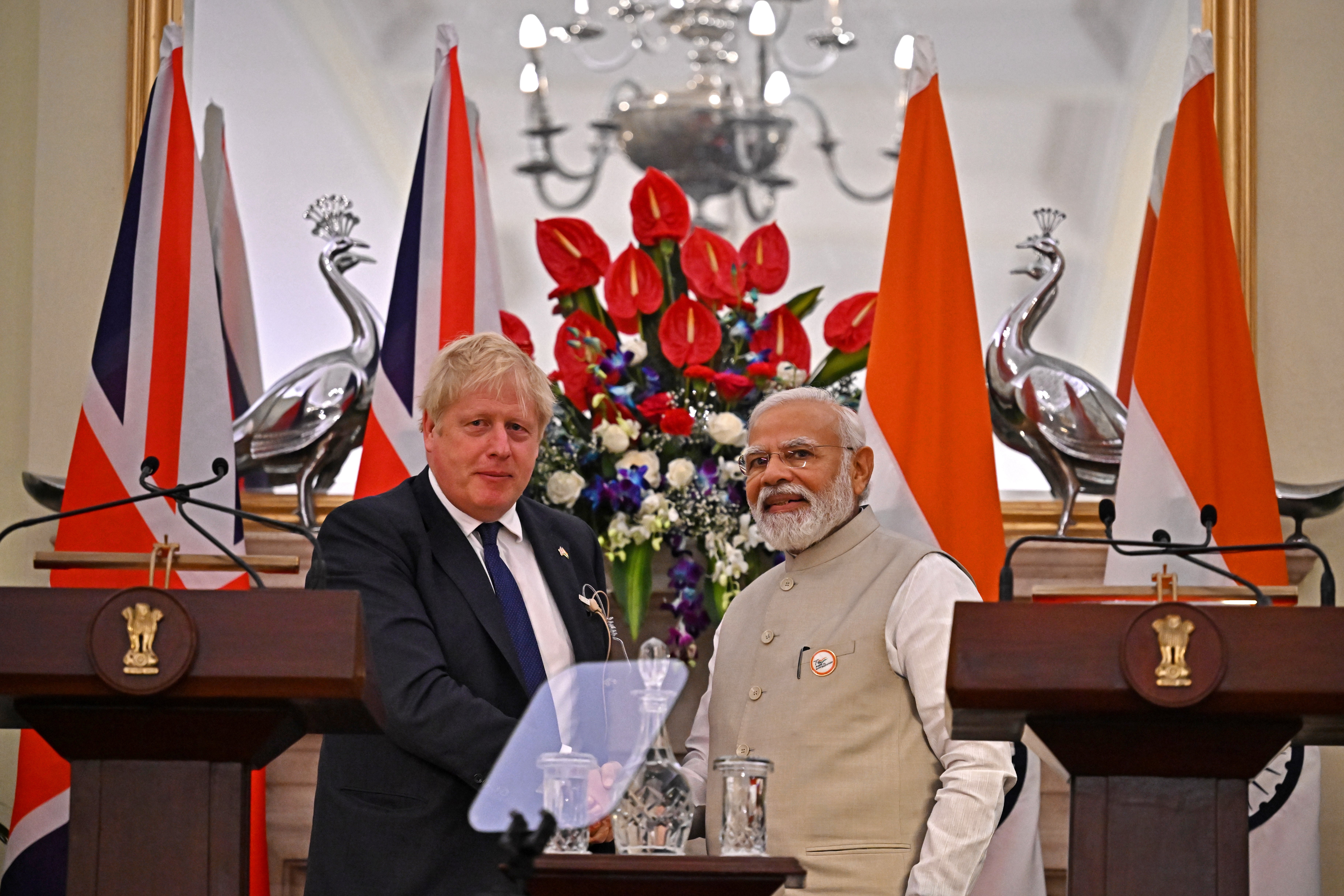 Boris Johnson with Narendra Modi at a press conference at Hyderabad House in Delhi (Ben Stansall/PA)