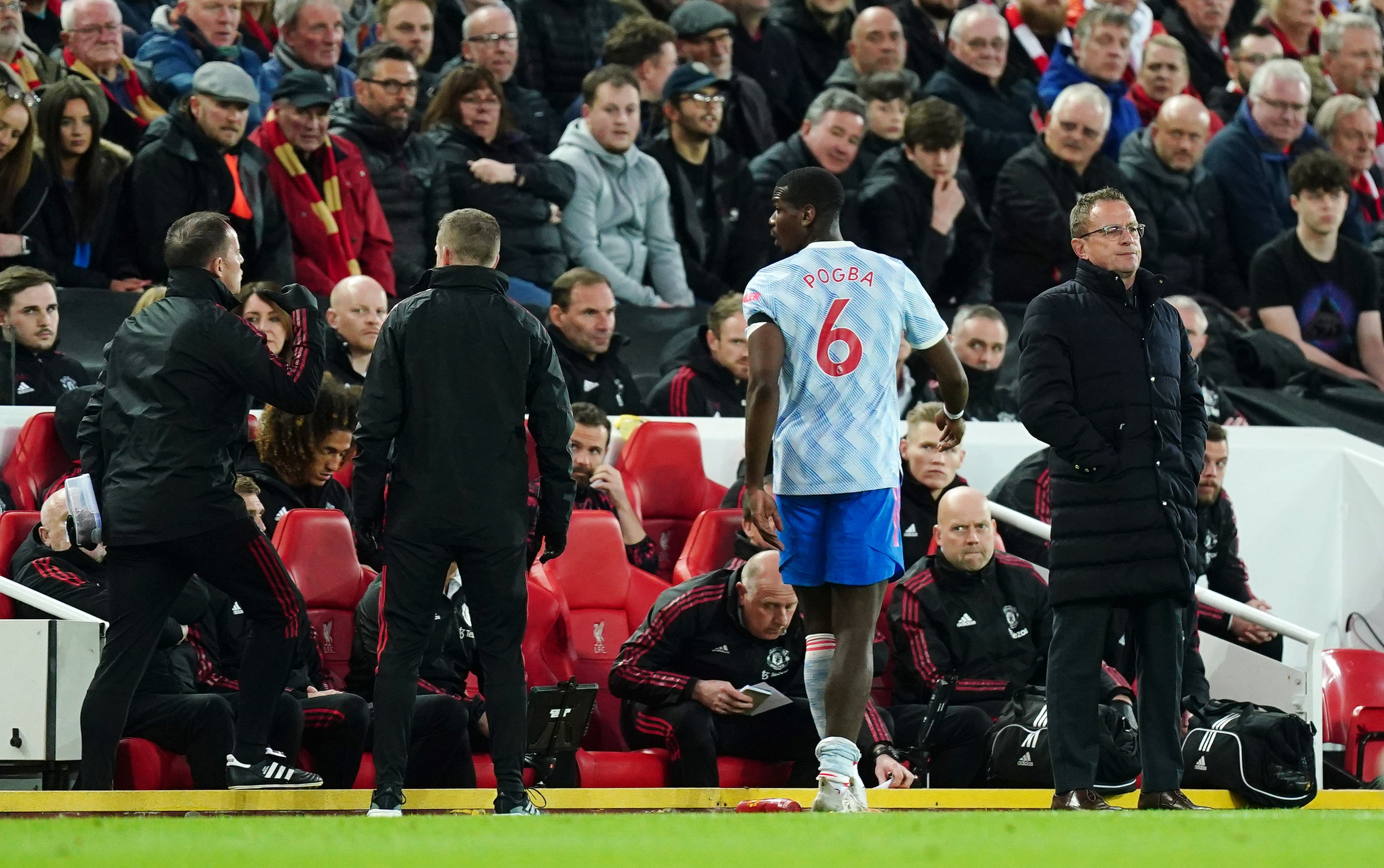 Paul Pogba leaves the field as a Manchester United player for potentially the final time (Mike Egerton/PA)