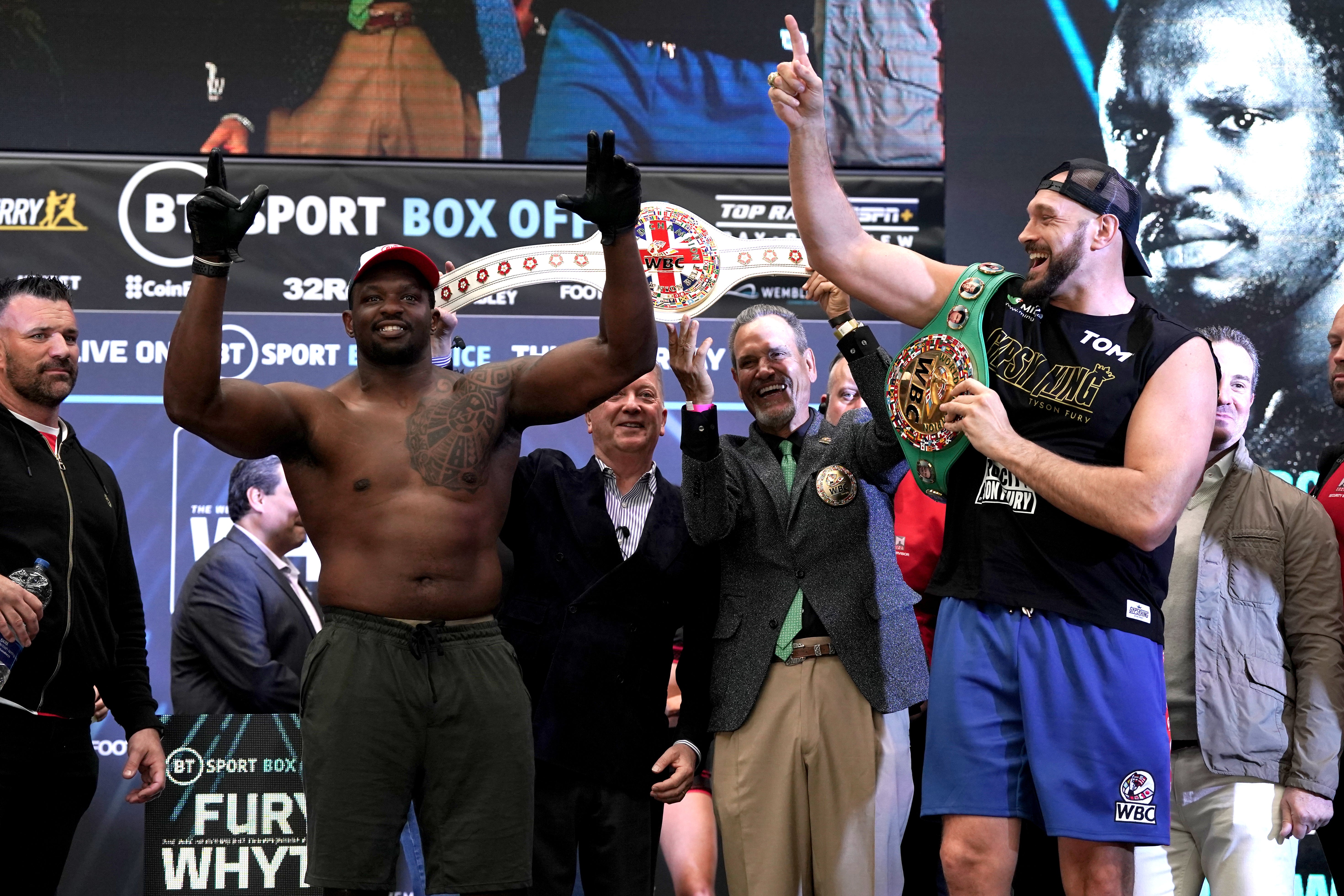 Tyson Fury (right) and Dillian Whyte were in playful mood at Friday’s weigh-in (Nick Potts/PA)