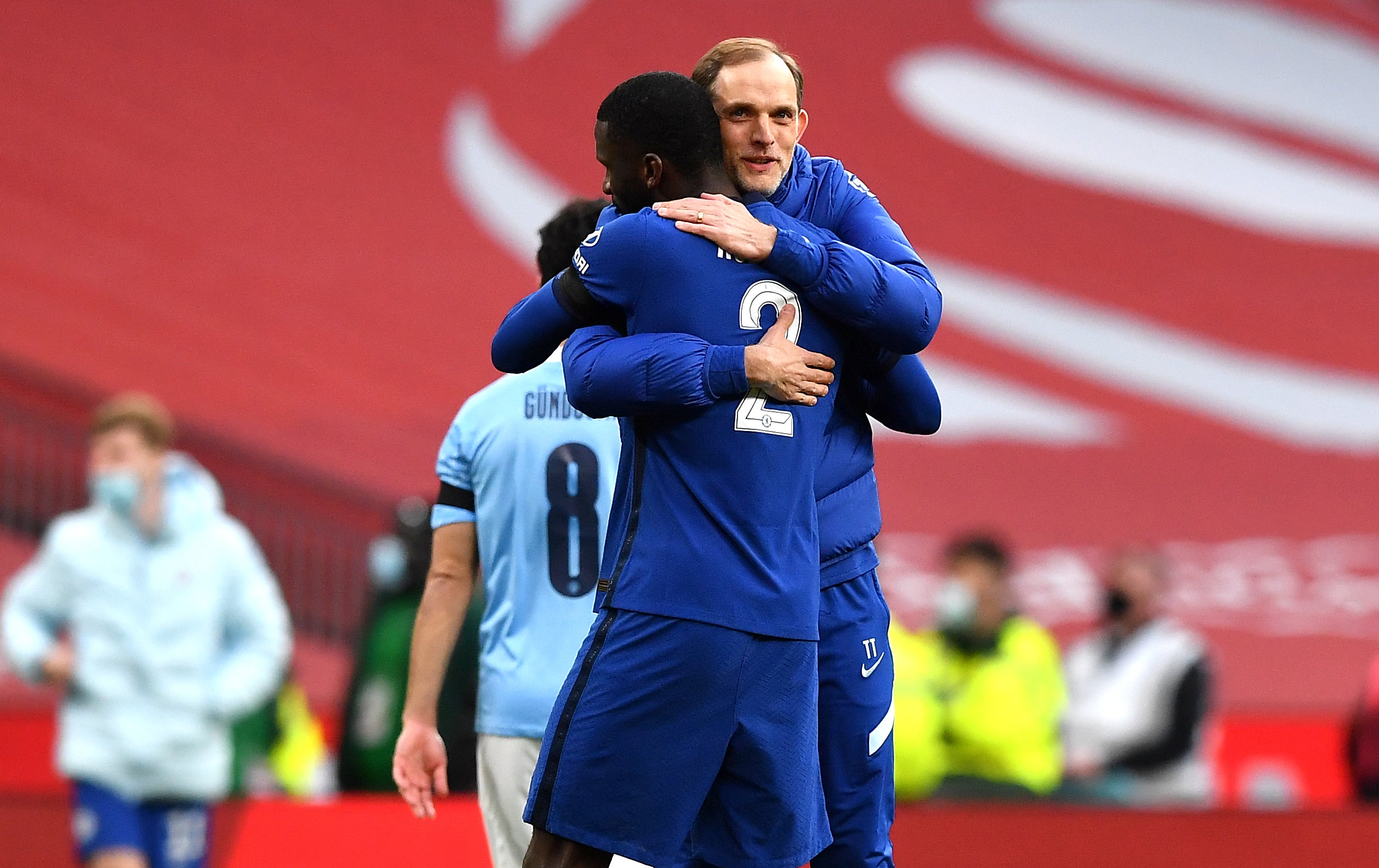 Thomas Tuchel hugs Antonio Rudiger (Ben Stansall/PA)