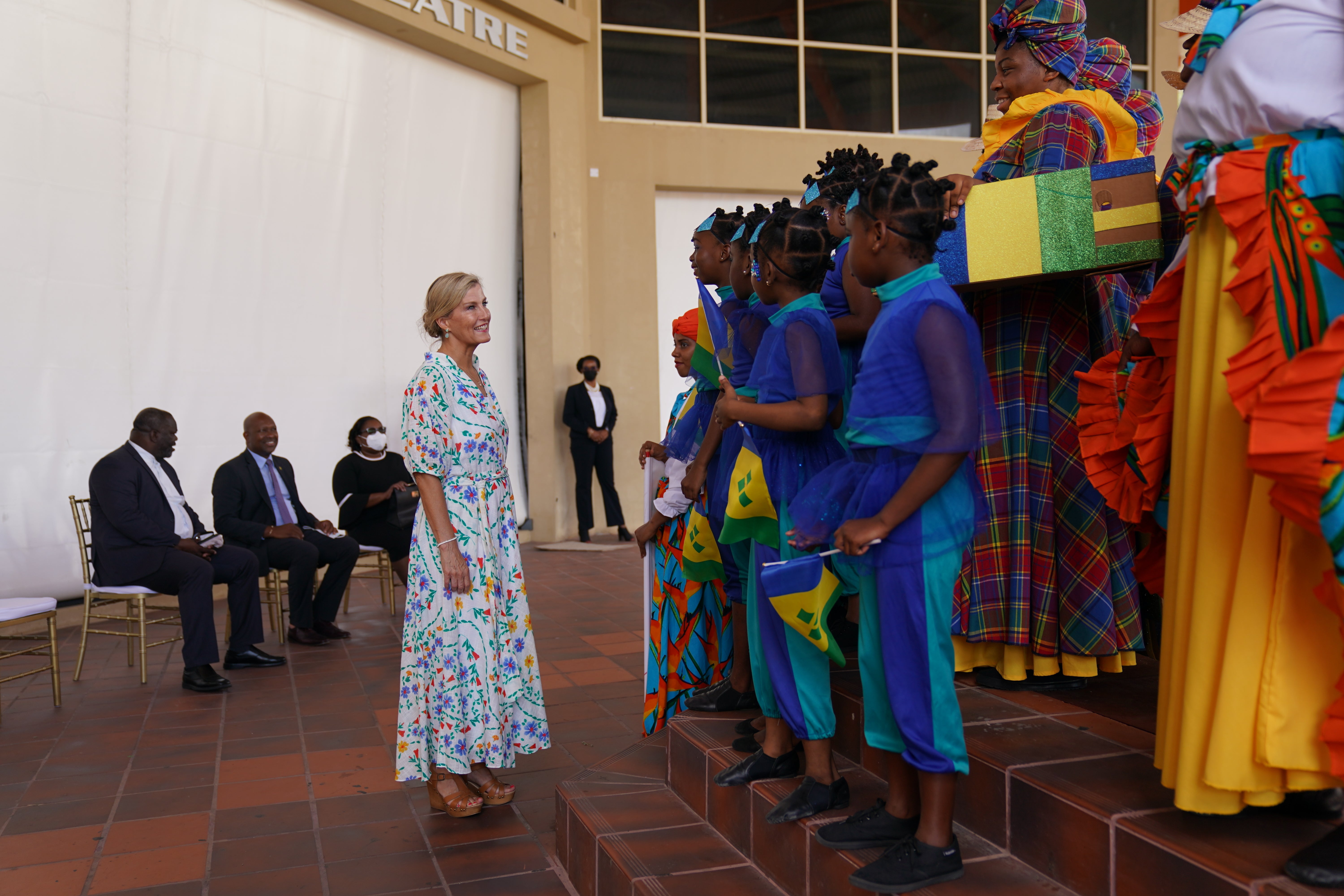 The Countess of Wessex meeting members of the La Gracia Dance Company at St Vincent and the Grenadines Community College in St Vincent and the Grenadines