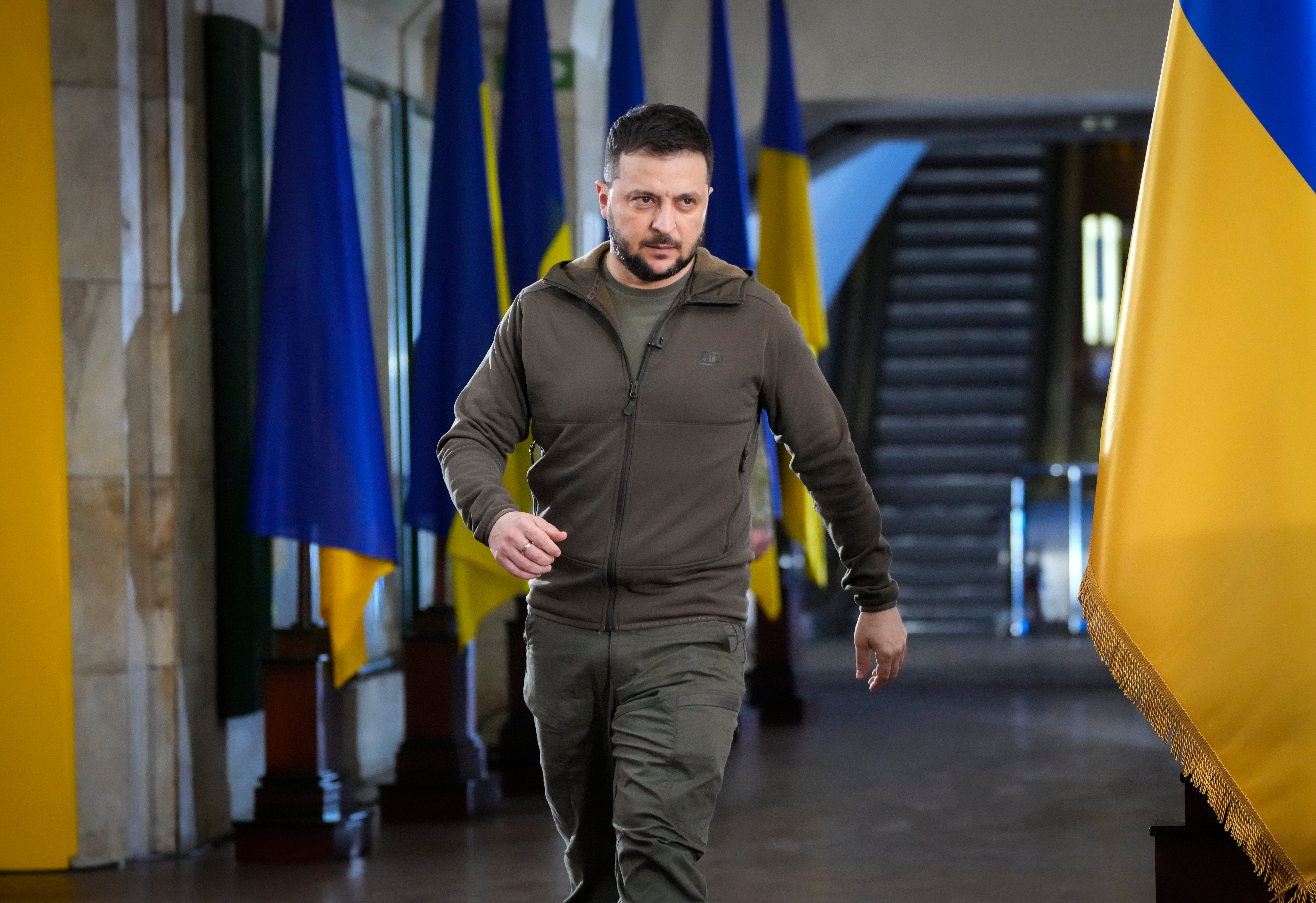 Ukrainian president Volodymyr Zelensky praised the UK’s defence support during a press conference in Kyiv (Efrem Lukatsky/AP)