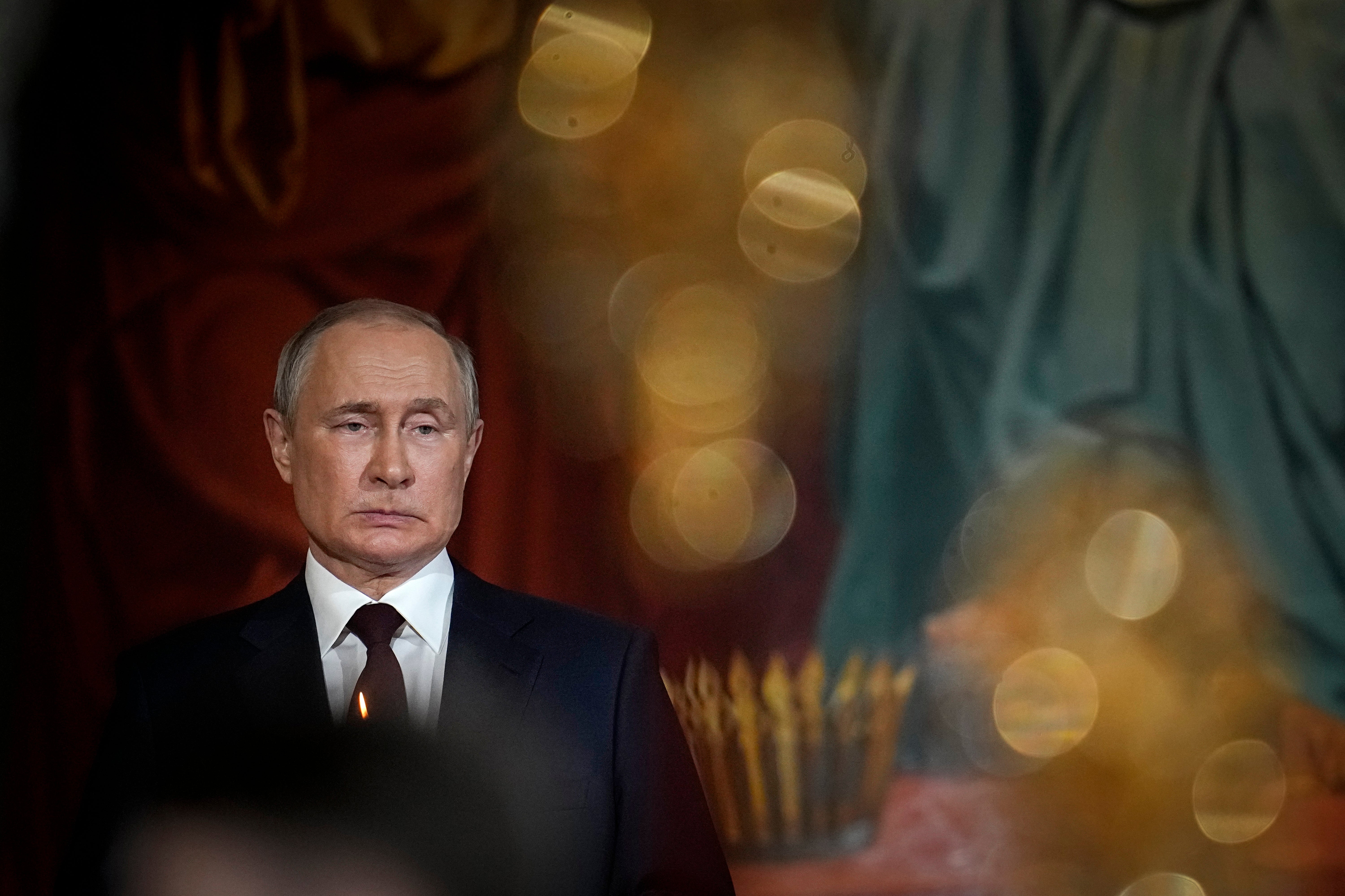 Russian President Vladimir Putin attends the Orthodox Easter service in the Christ the Savior Cathedral in Moscow, Russia, on 24 April