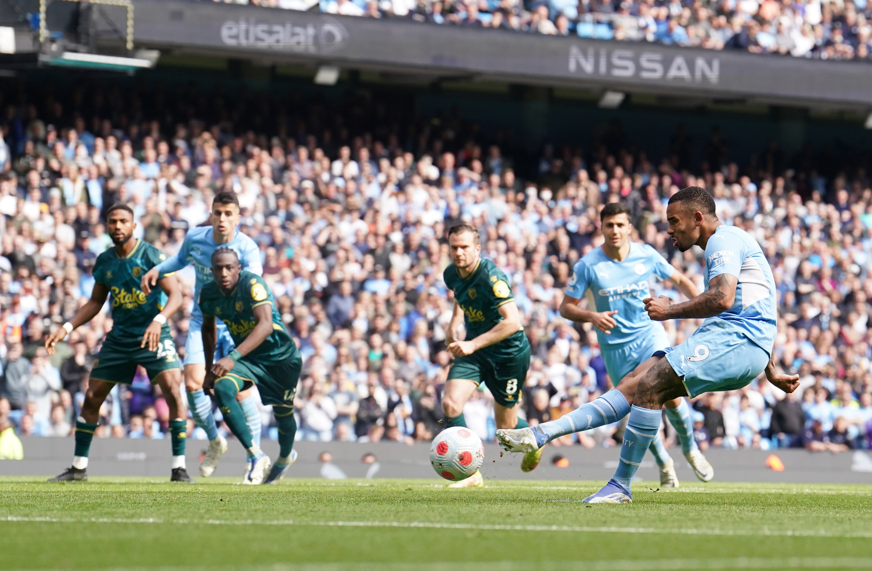 Gabriel Jesus completed his treble from the penalty spot (Martin Rickett/PA)