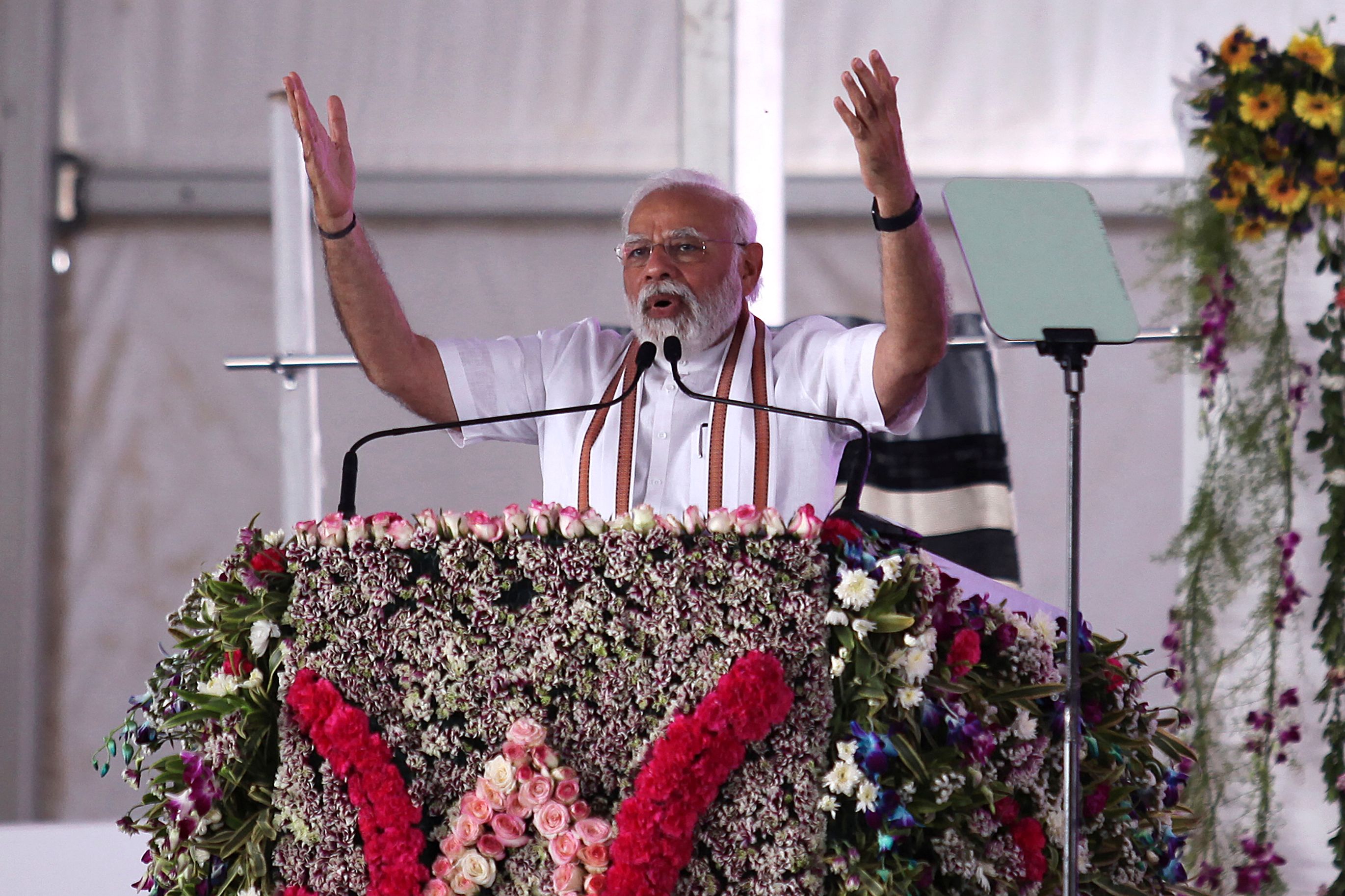 India’s Prime Minister Narendra Modi addresses a public rally on National Panchayati Raj Day at Palli village on the outskirts of Jammu