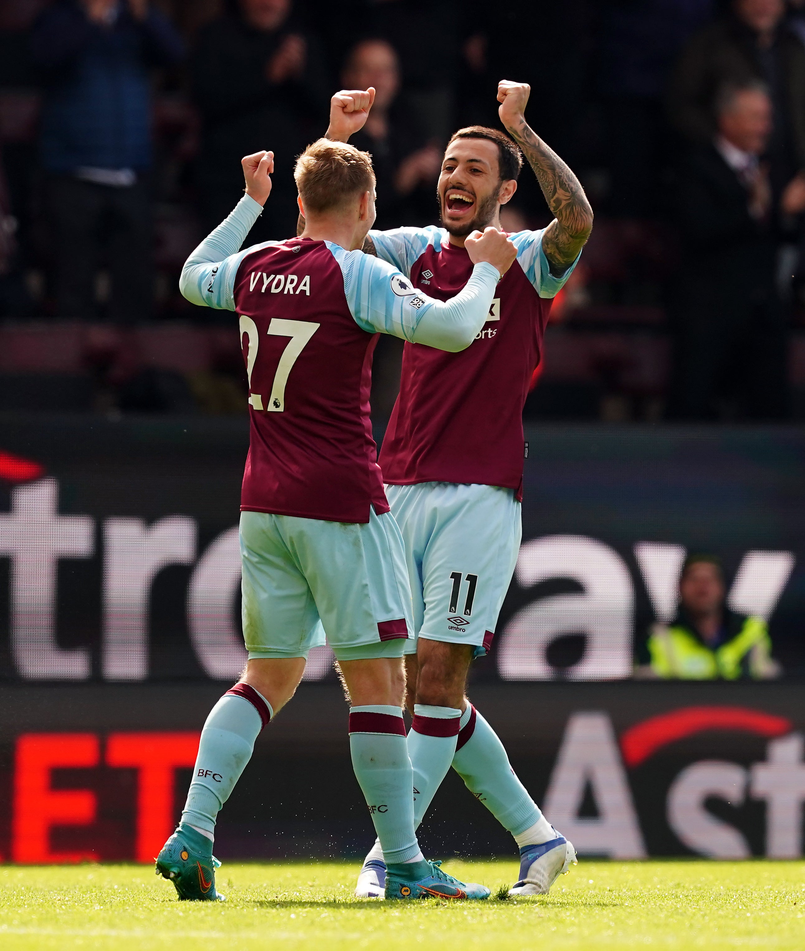 Matej Vydra (left) celebrates his winner with Dwight McNeil