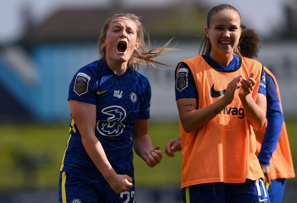 Erin Cuthbert and Guro Reiten celebrate Chelsea’s vital win