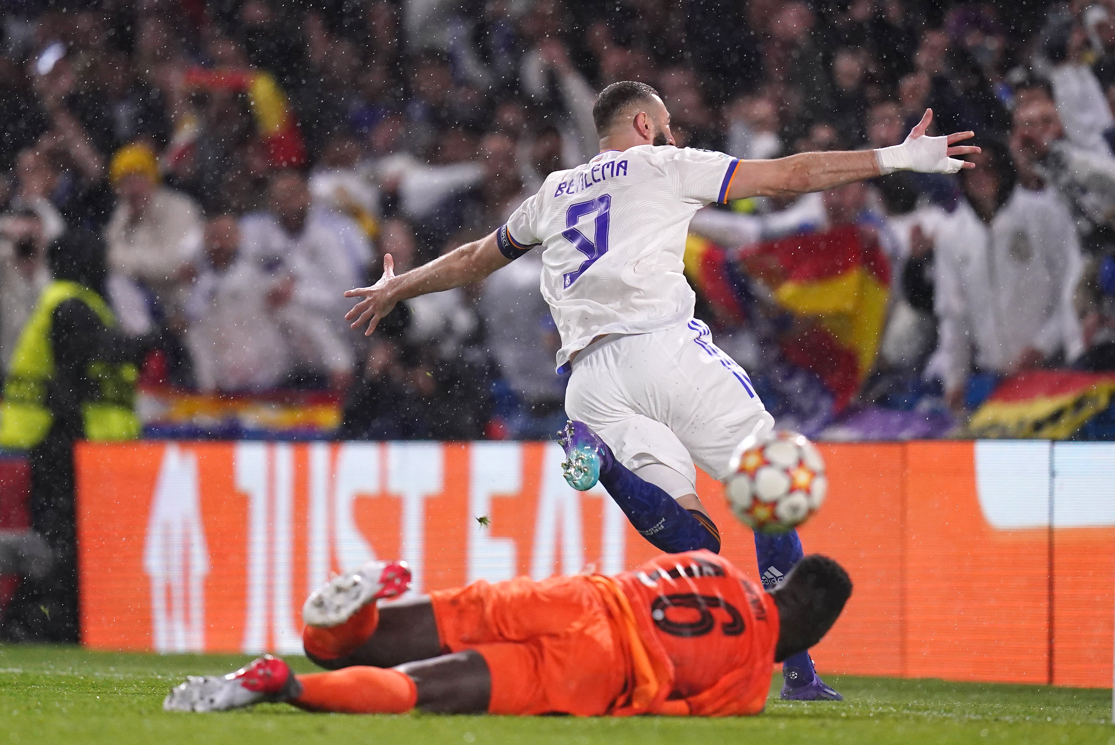 Karim Benzema celebrates scoring against Chelsea