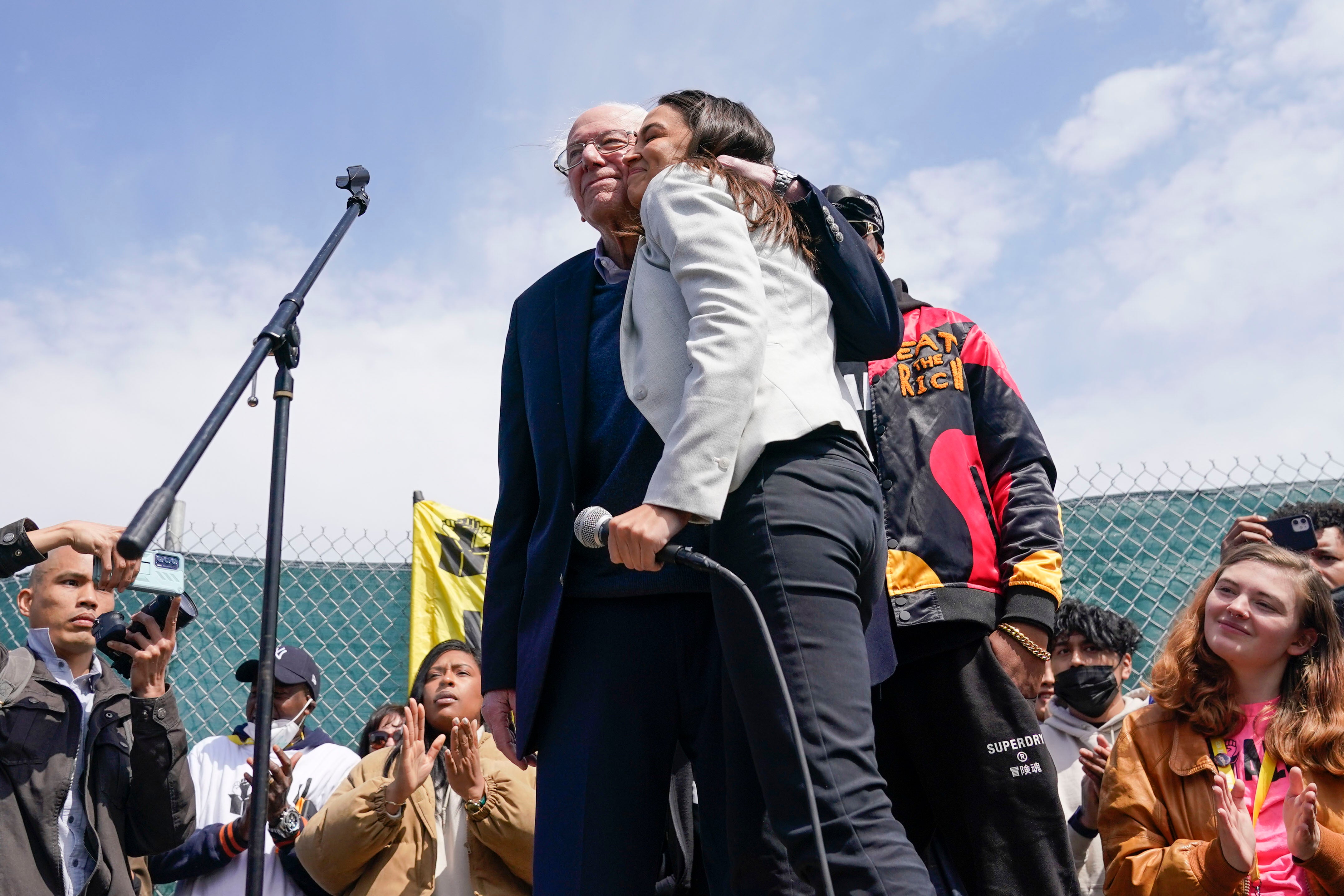 Bernie Sanders and Alexandria Ocasio-Cortez join Amazon union organisers in Staten Island on 24 April.