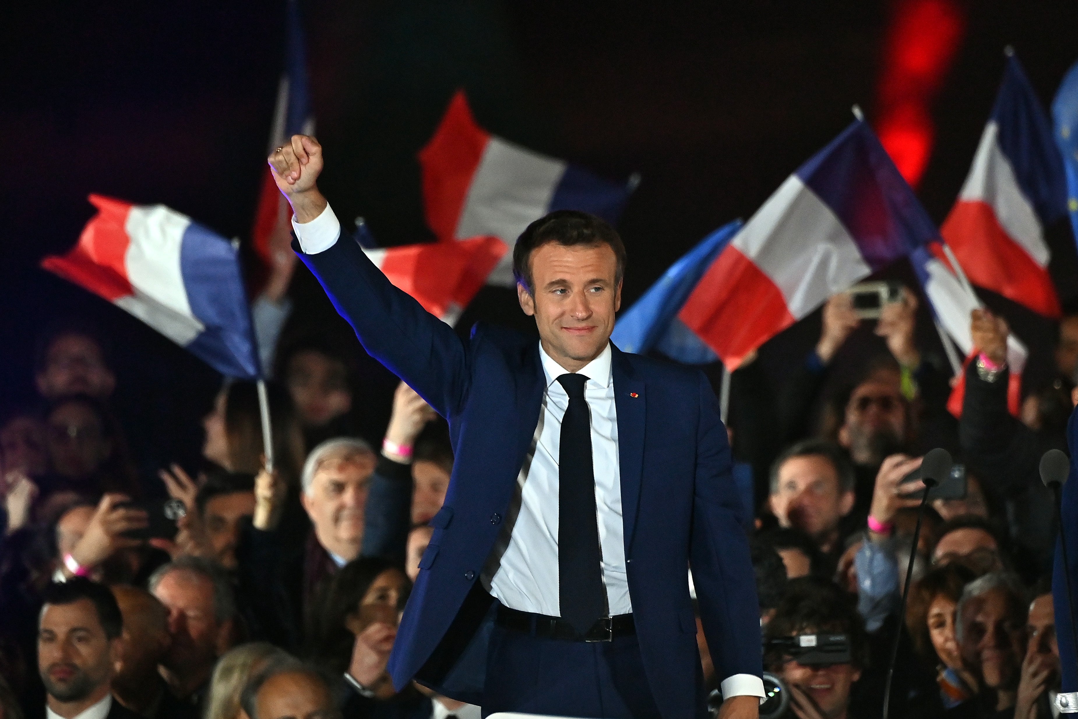 Emmanuel Macron addresses voters in front of the Eiffel Tower following his election victory